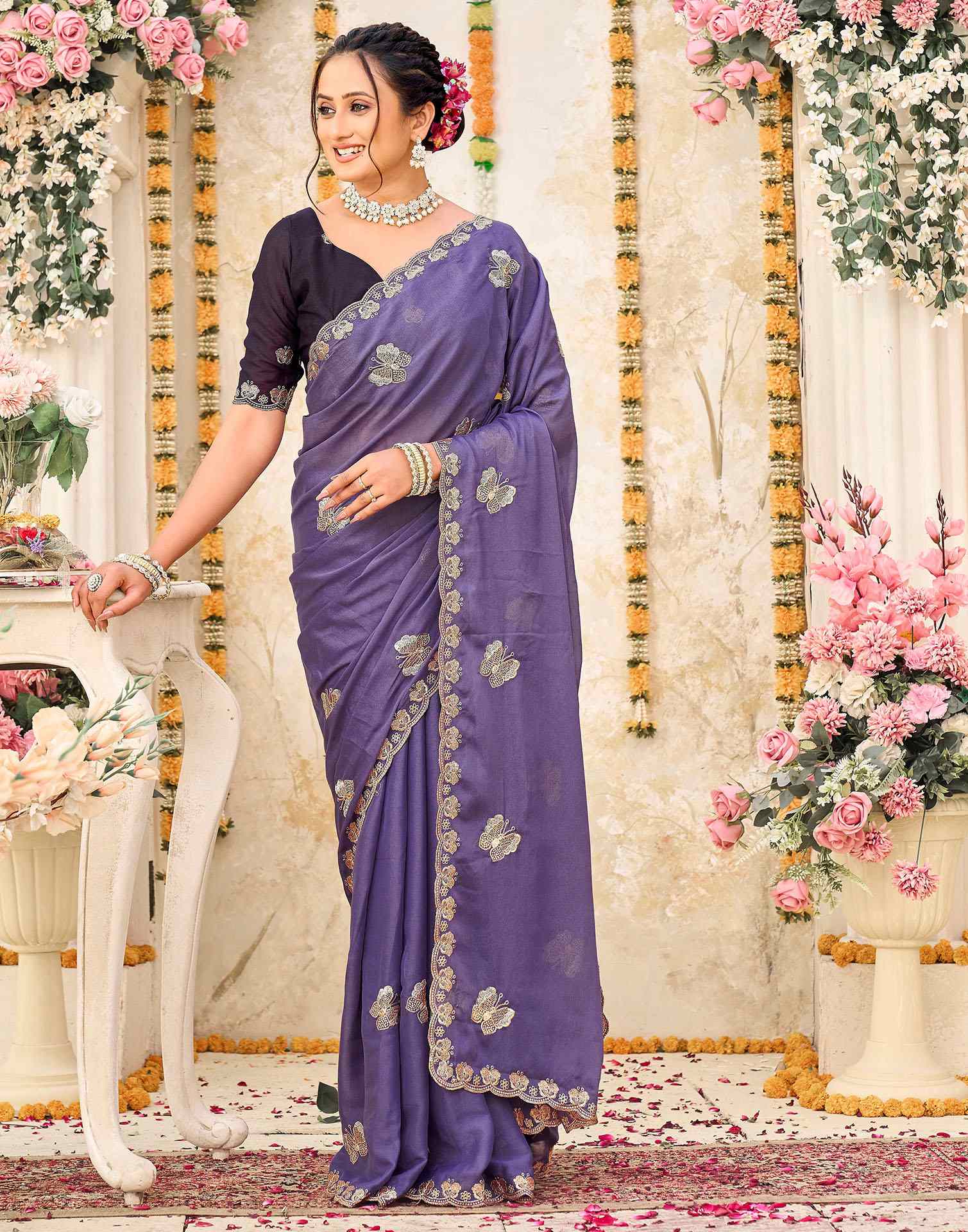 Lavender Shimmer Georgette Sequence Embroidery saree