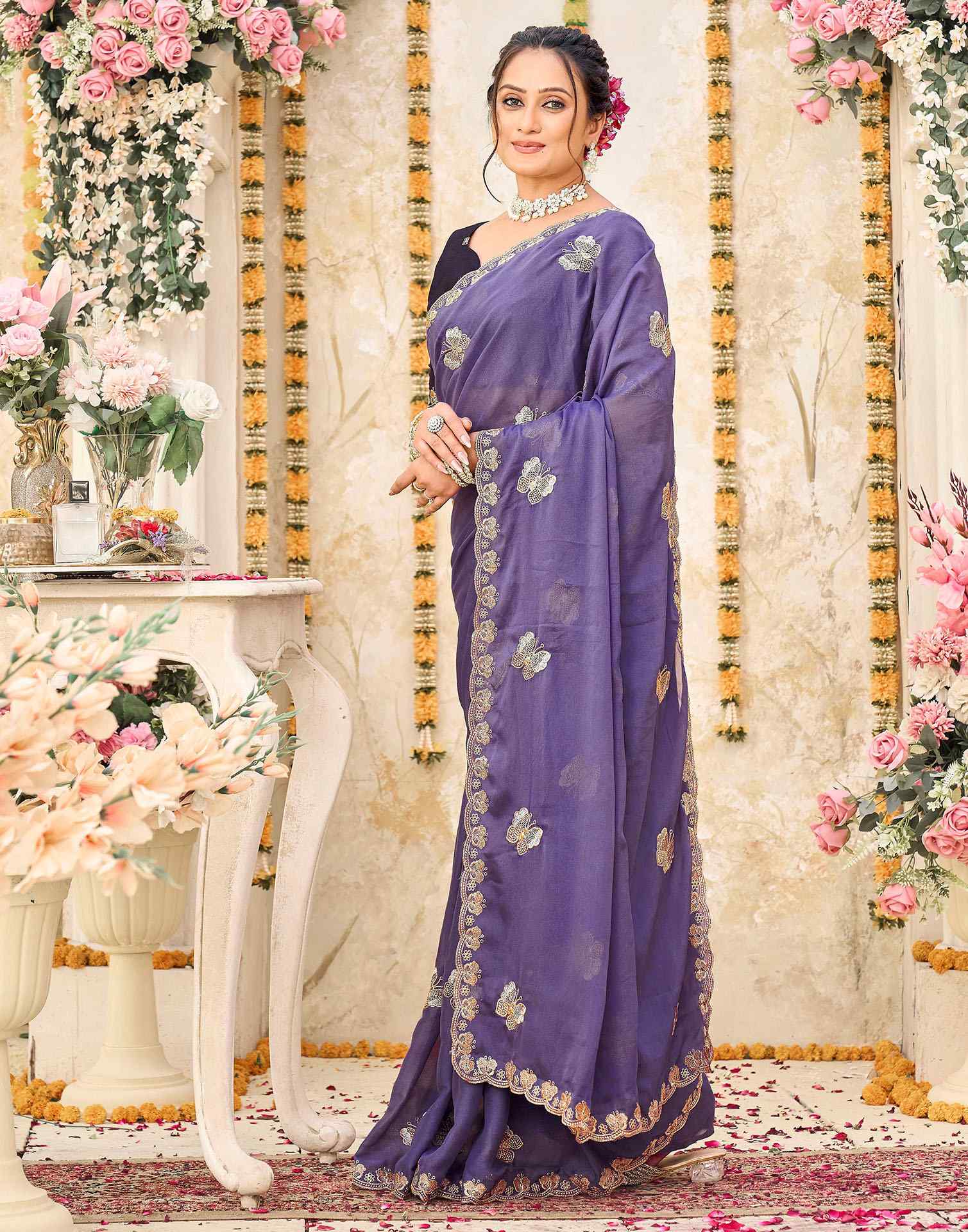 Lavender Shimmer Georgette Sequence Embroidery saree