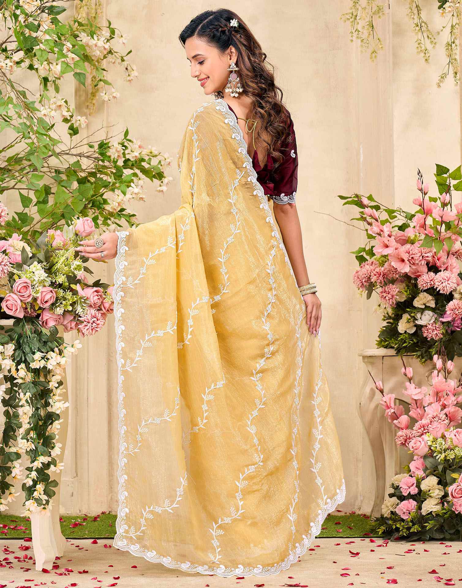 Light Yellow Shimmer Chiffon Sequence Embroidery saree