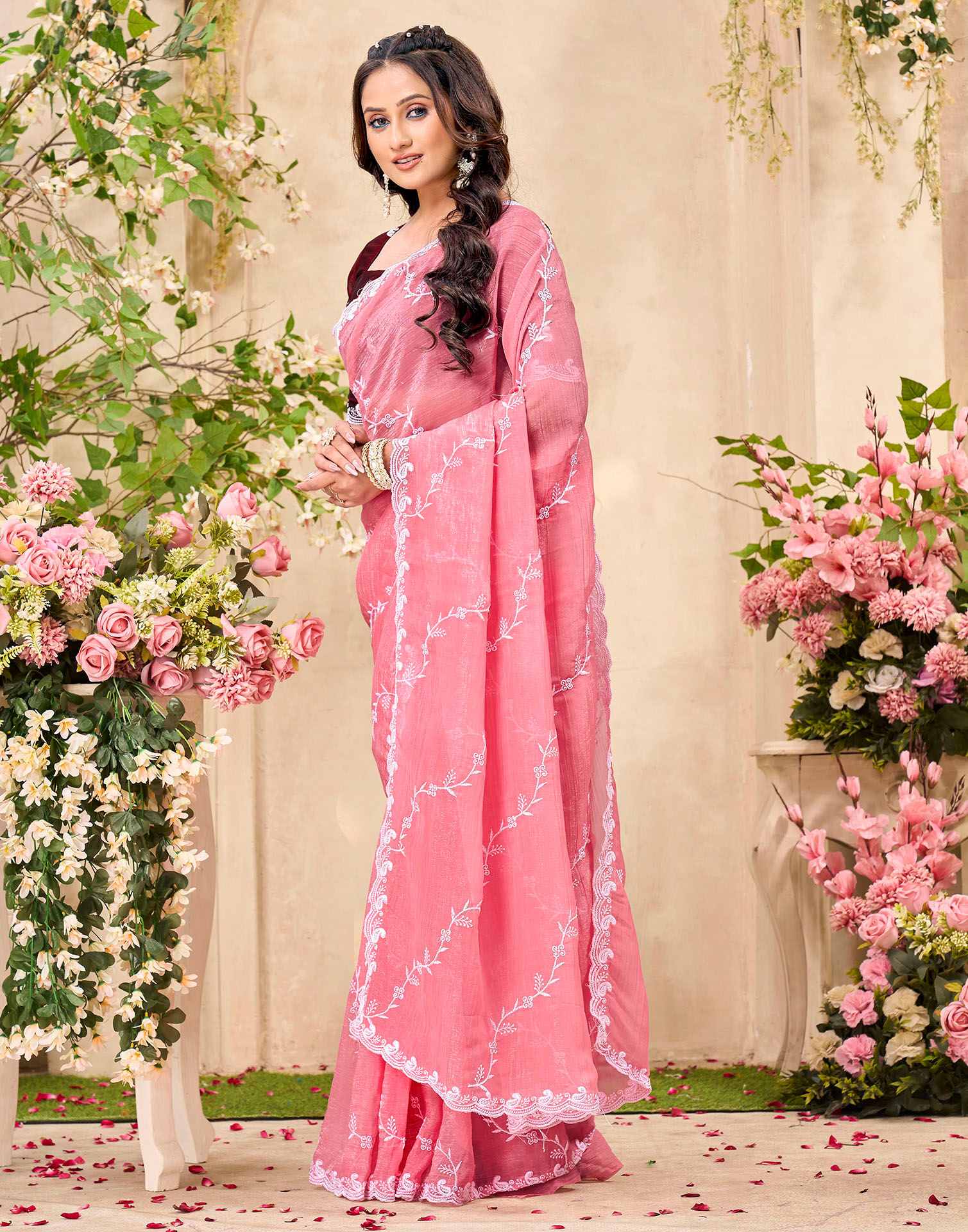 Light Pink Shimmer Chiffon Sequence Embroidery saree