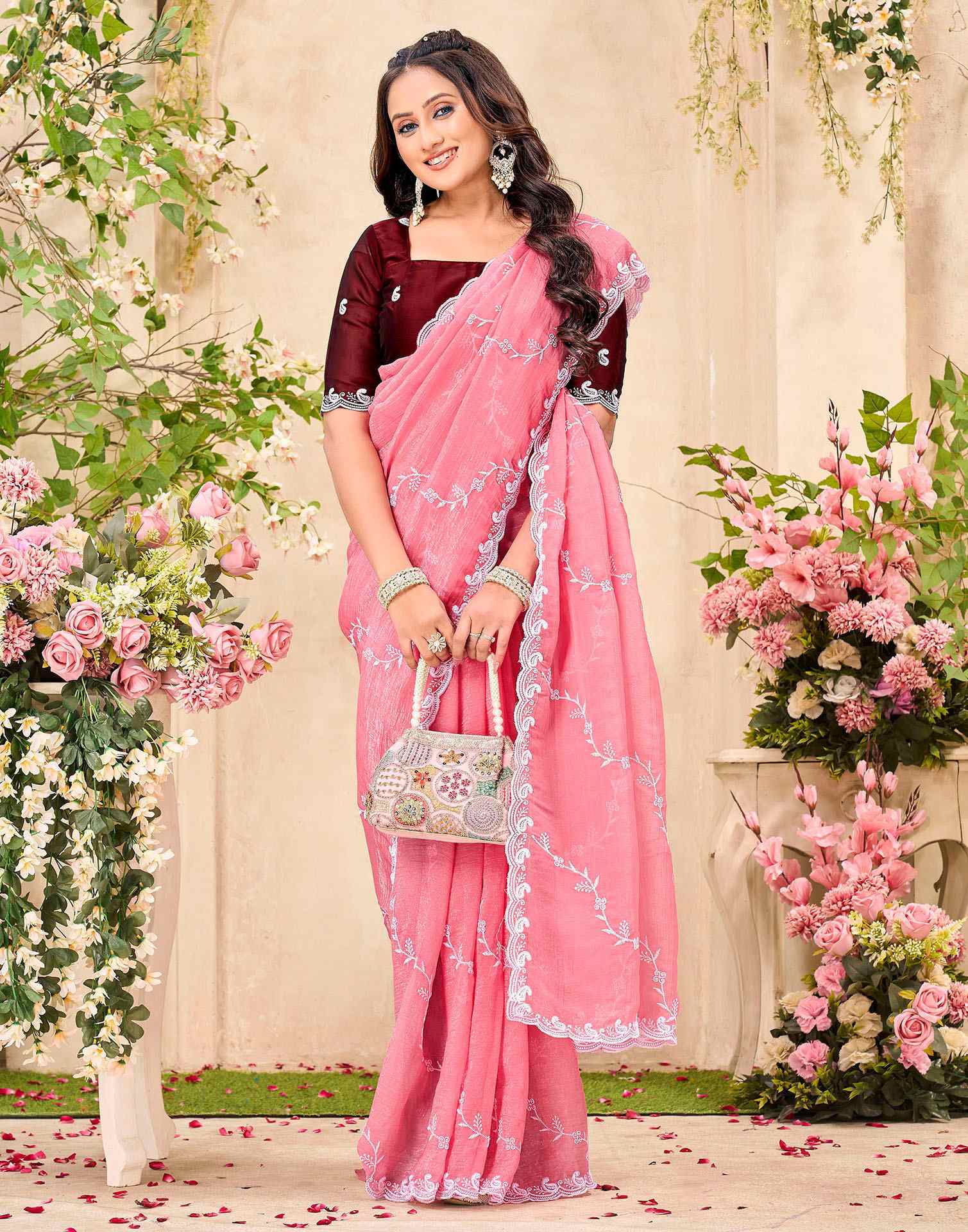 Light Pink Shimmer Chiffon Sequence Embroidery saree