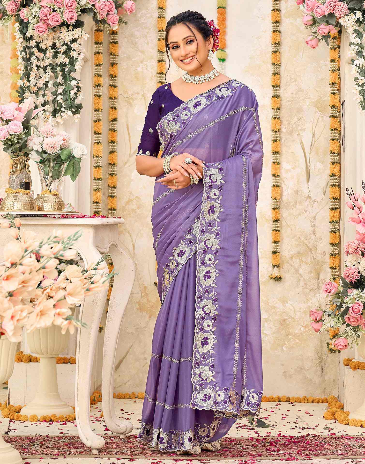 Lavender Shimmer Embroidery Saree