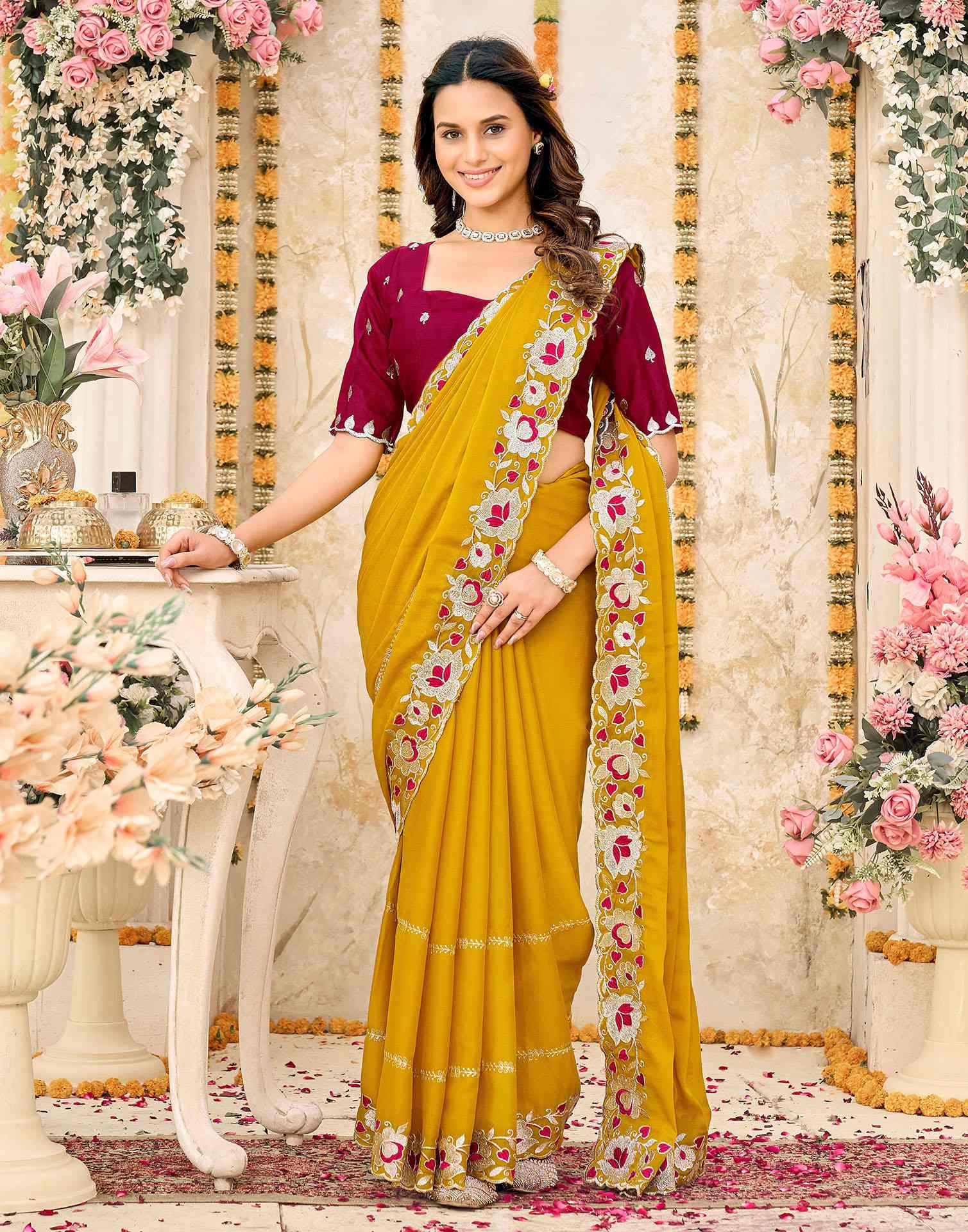 Mustard Yellow Shimmer Embroidery Saree