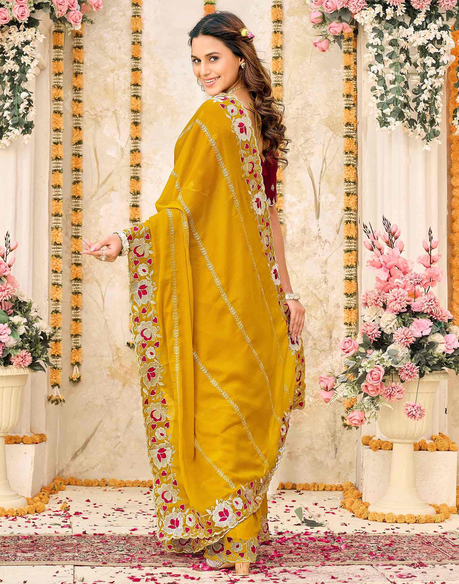Mustard Yellow Shimmer Embroidery Saree