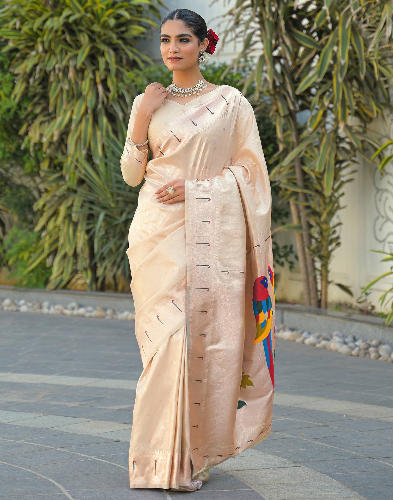 Cream Silk Woven Paithani Saree