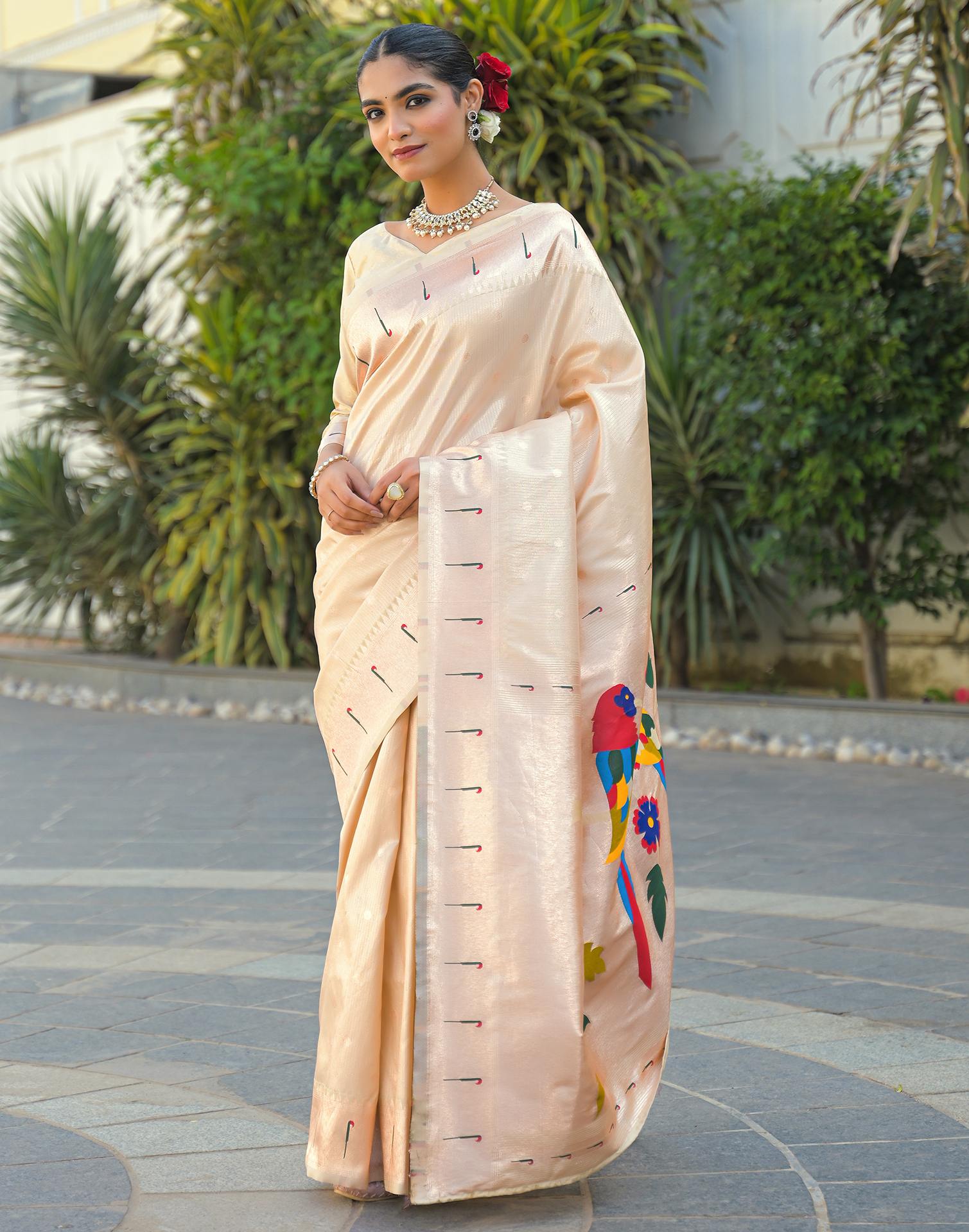 Cream Silk Woven Paithani Saree