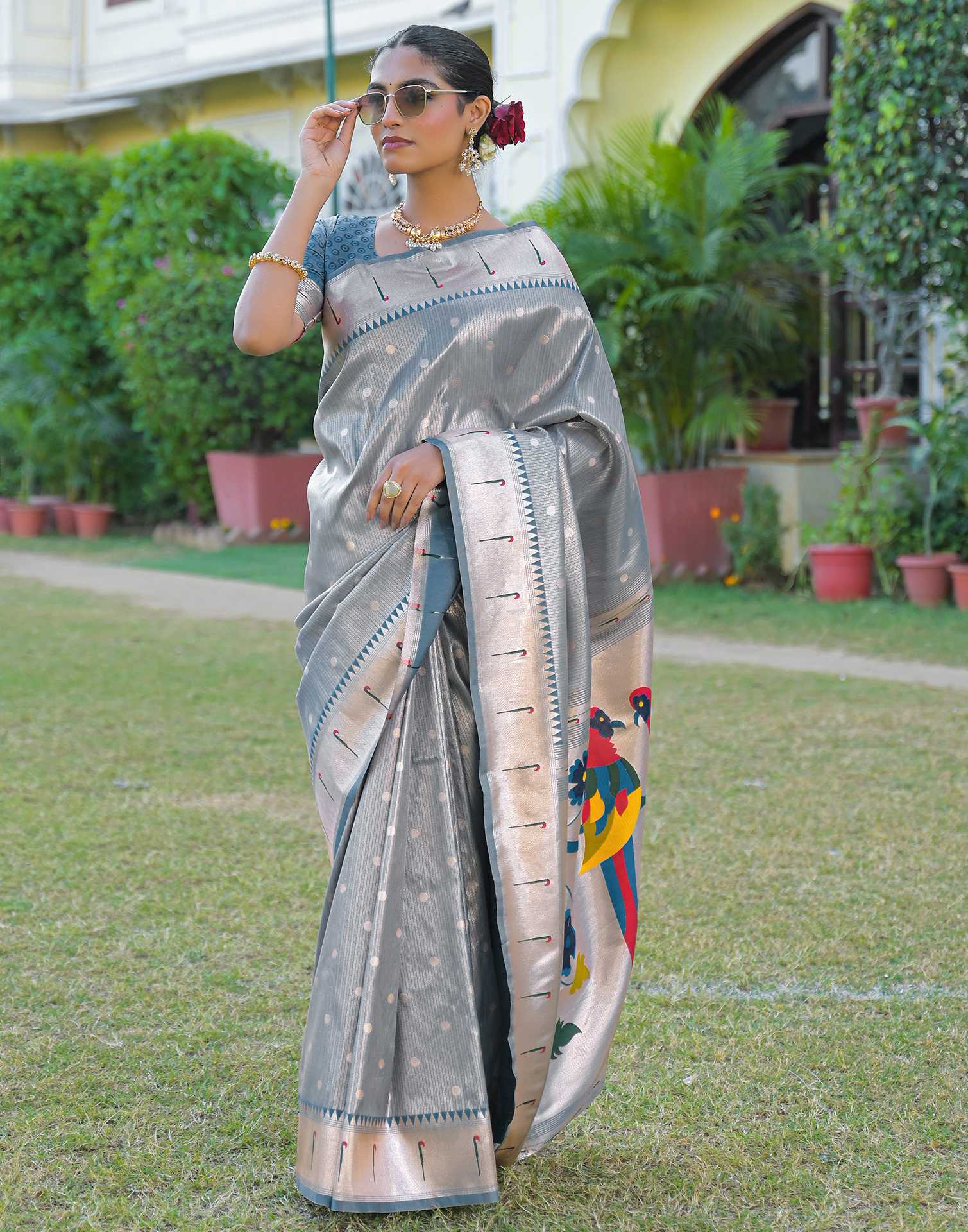 Dusty Blue Silk Woven Paithani Saree