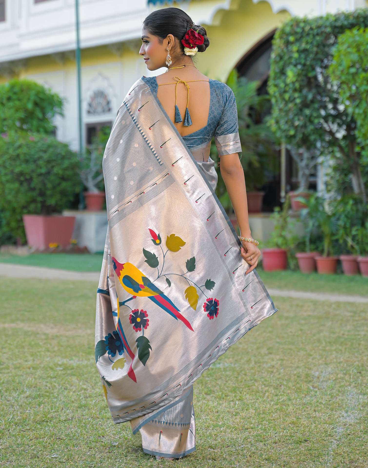 Dusty Blue Silk Woven Paithani Saree