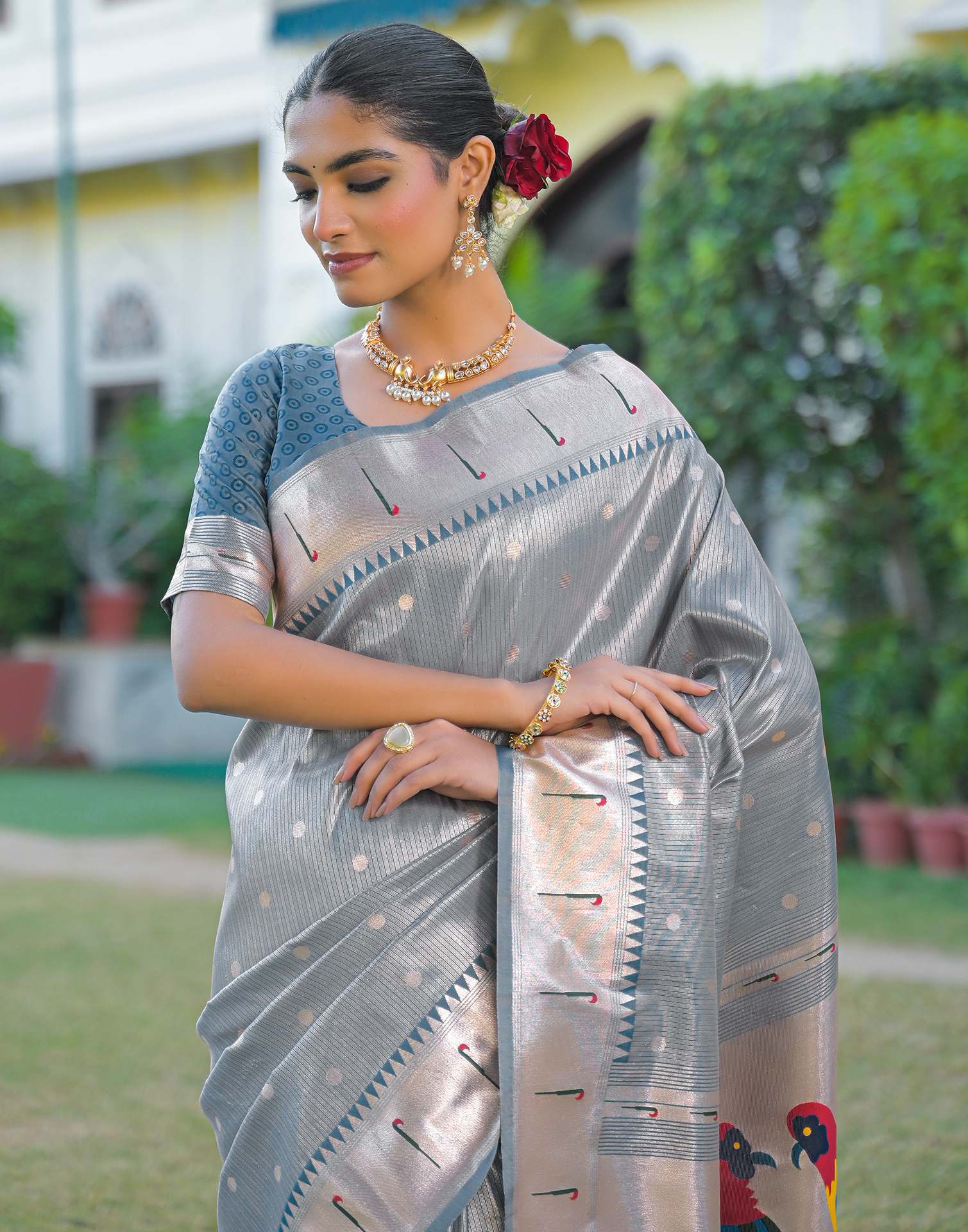 Dusty Blue Silk Woven Paithani Saree