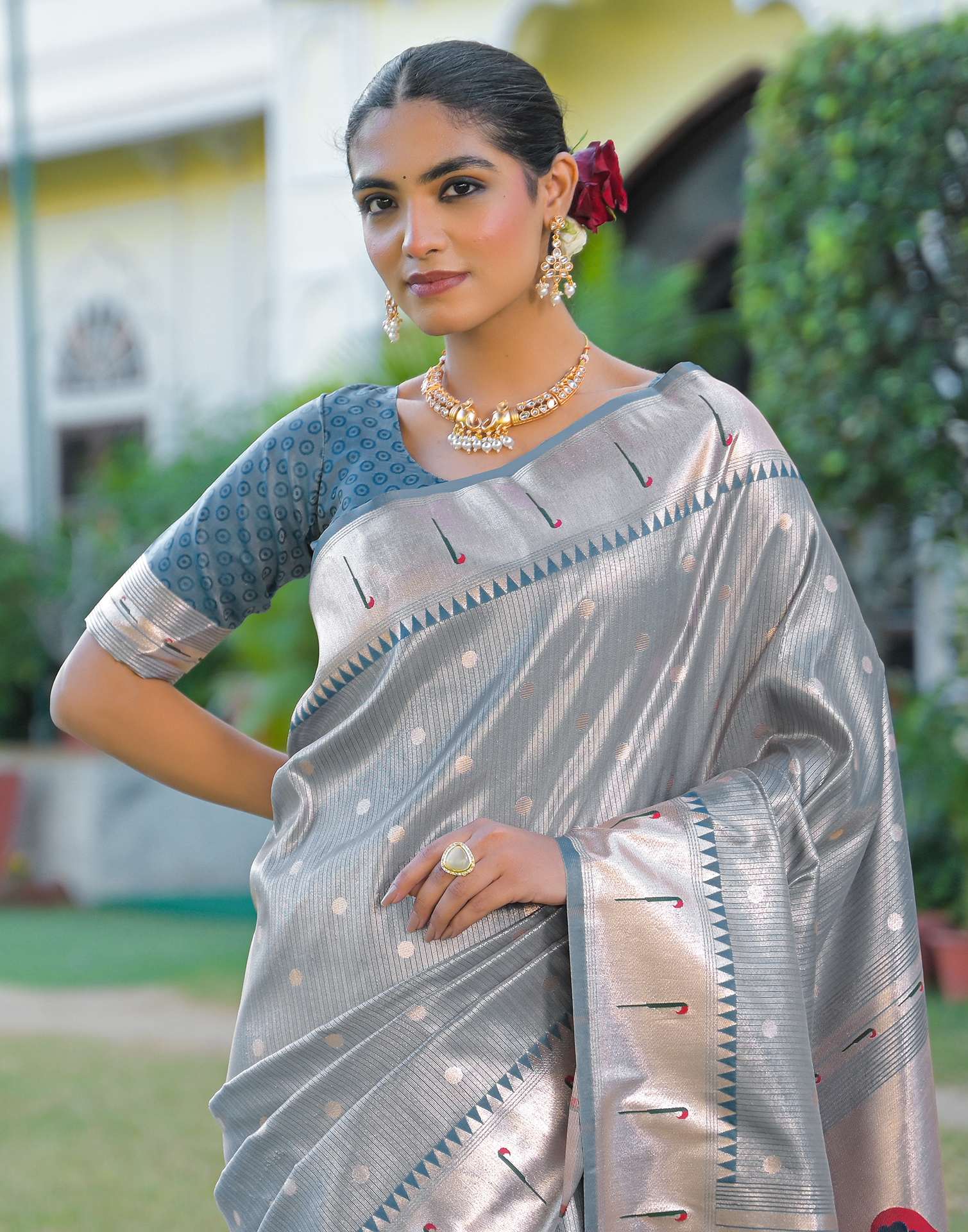 Dusty Blue Silk Woven Paithani Saree