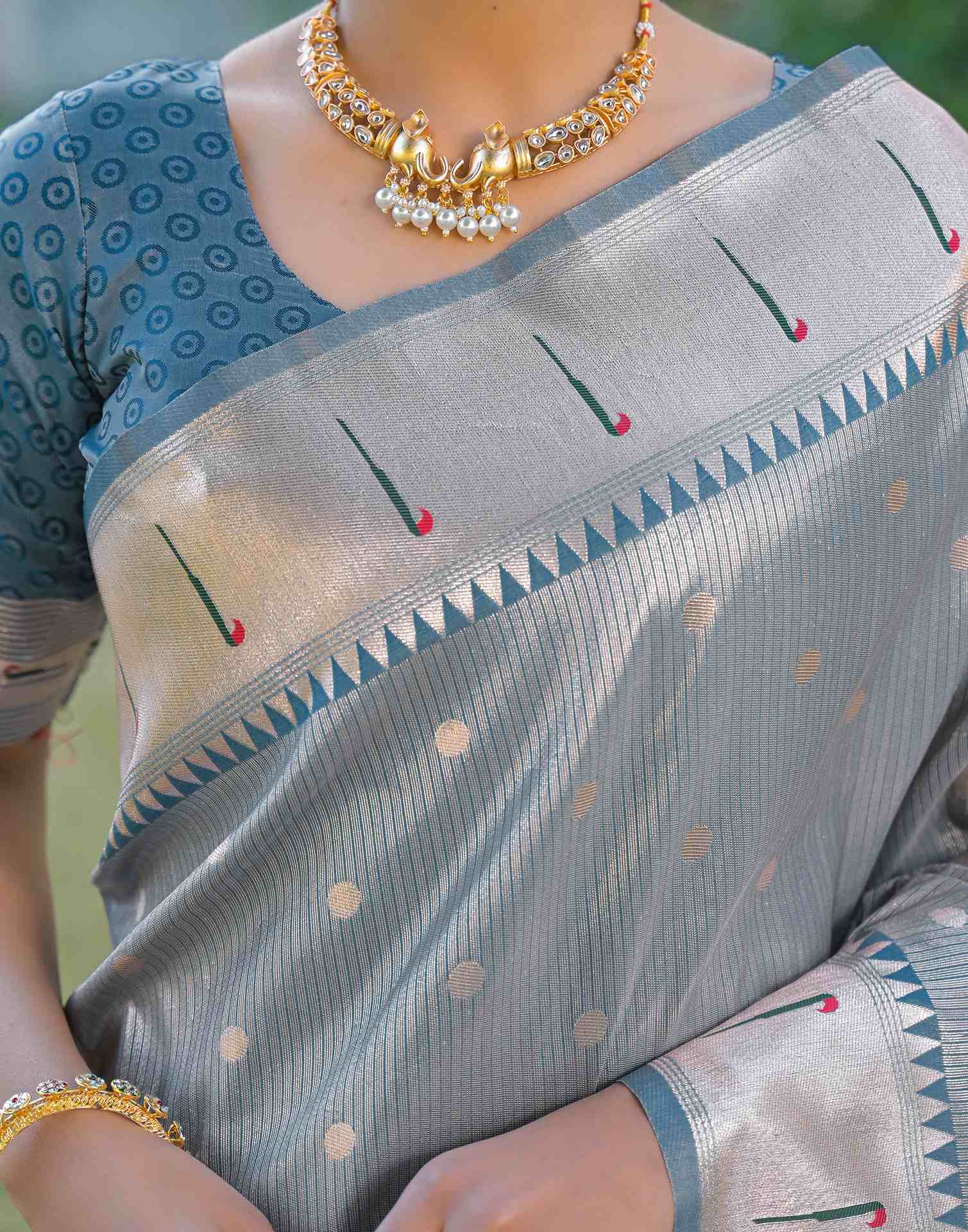 Dusty Blue Silk Woven Paithani Saree