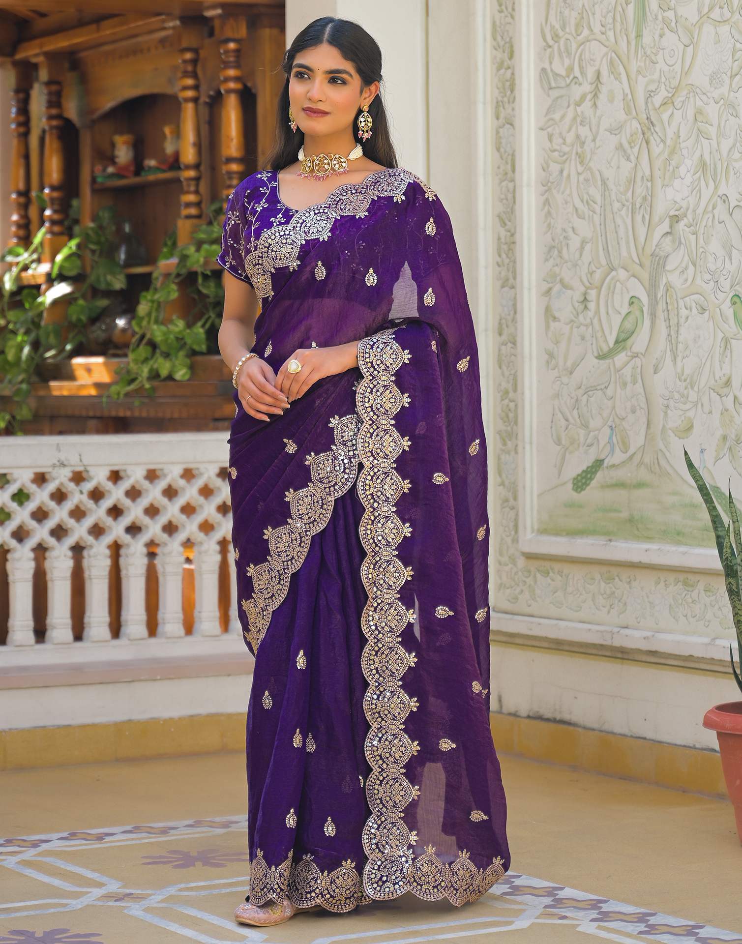 Purple Shimmer Chiffon Sequence Embroidery saree