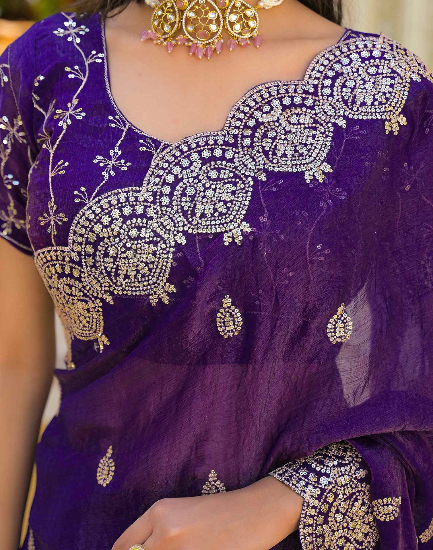 Purple Shimmer Chiffon Sequence Embroidery saree
