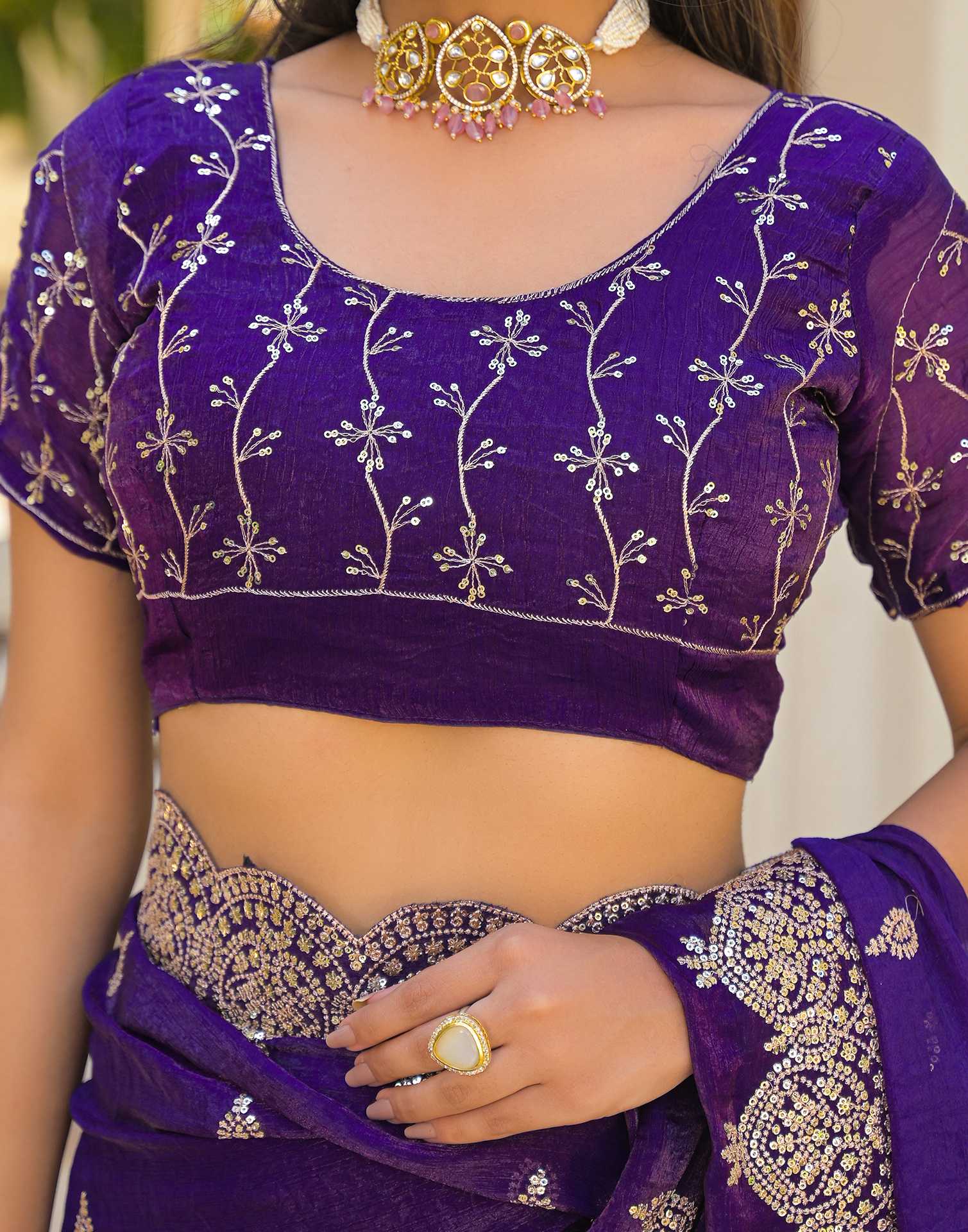Purple Shimmer Chiffon Sequence Embroidery saree