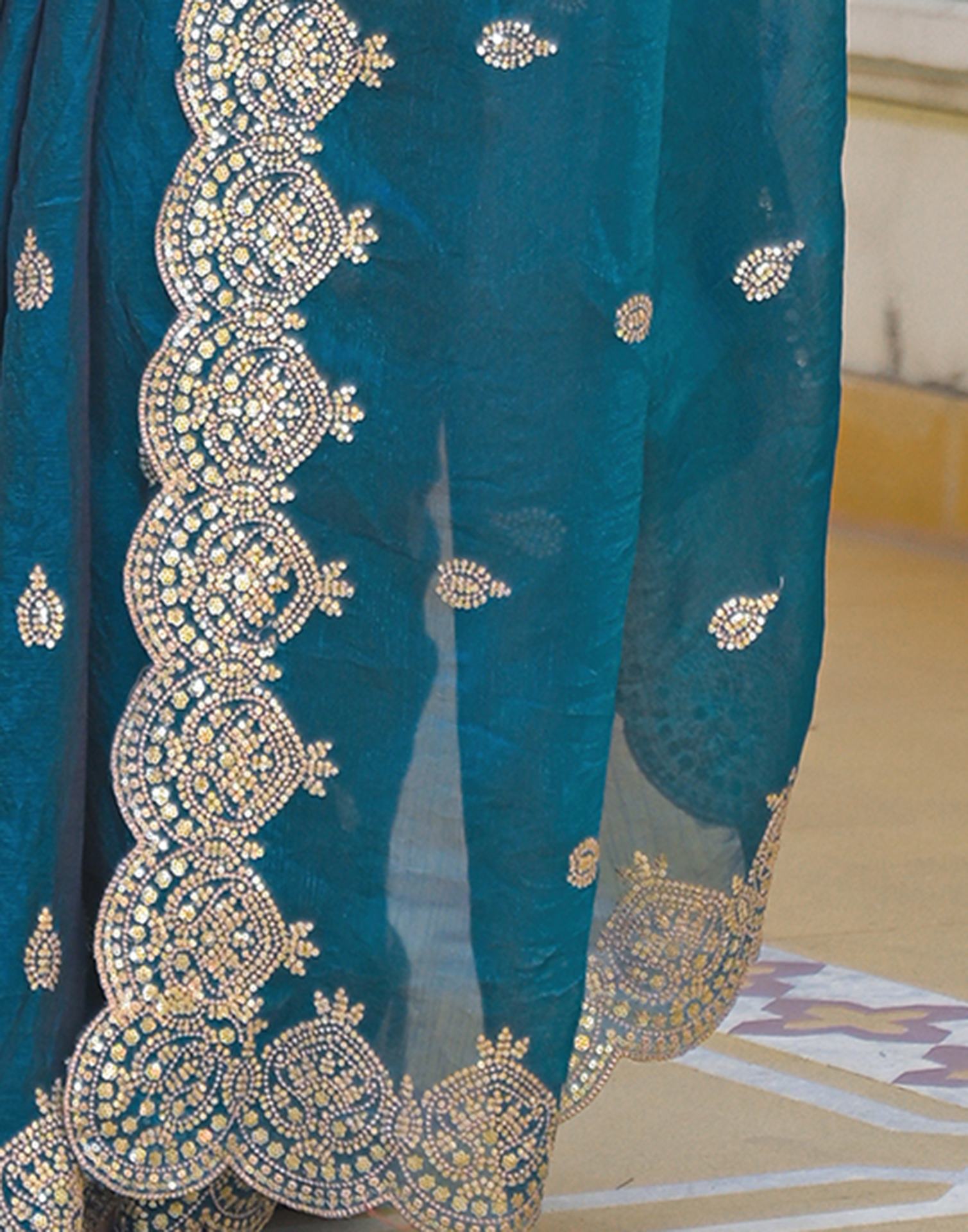 Peacock Blue Shimmer Chiffon Sequence Embroidery saree