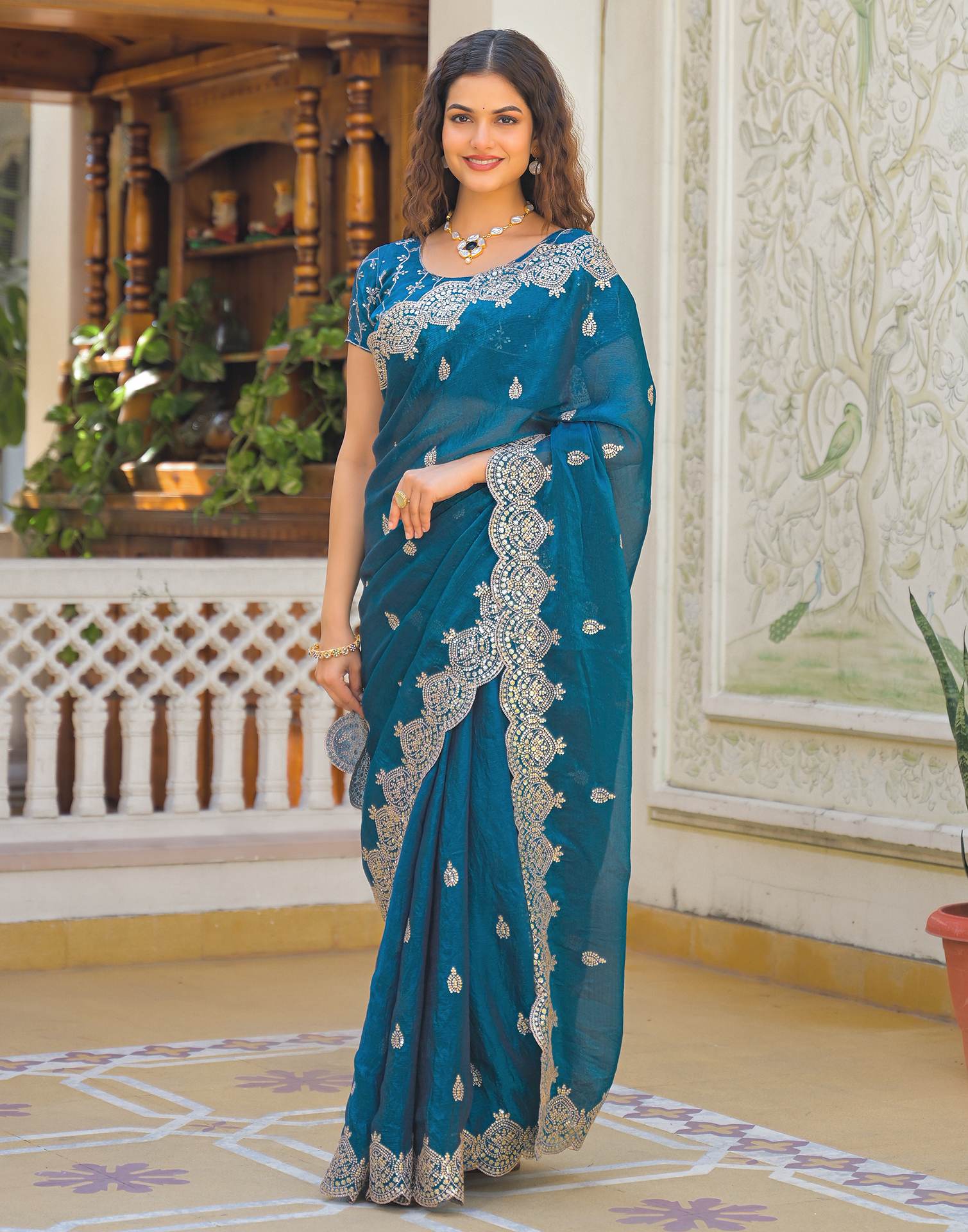 Peacock Blue Shimmer Chiffon Sequence Embroidery saree