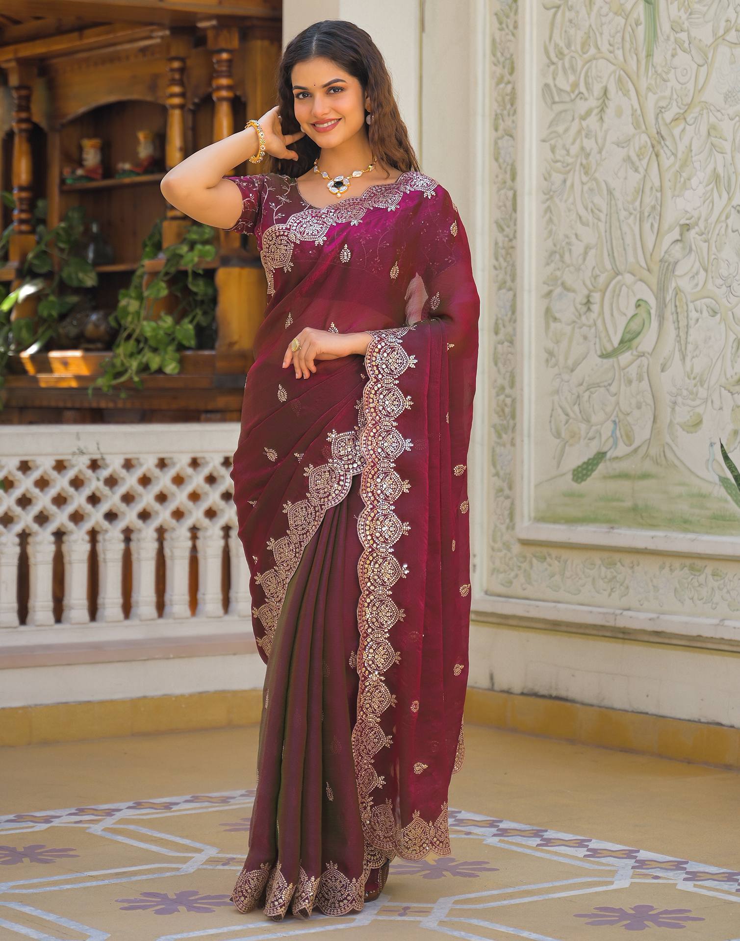 Wine Shimmer Chiffon Sequence Embroidery saree