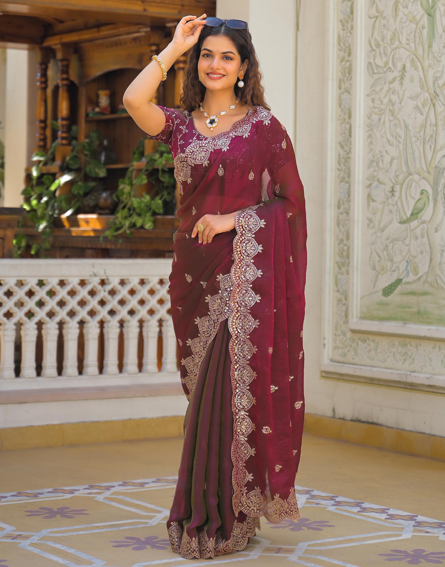 Wine Shimmer Chiffon Sequence Embroidery saree
