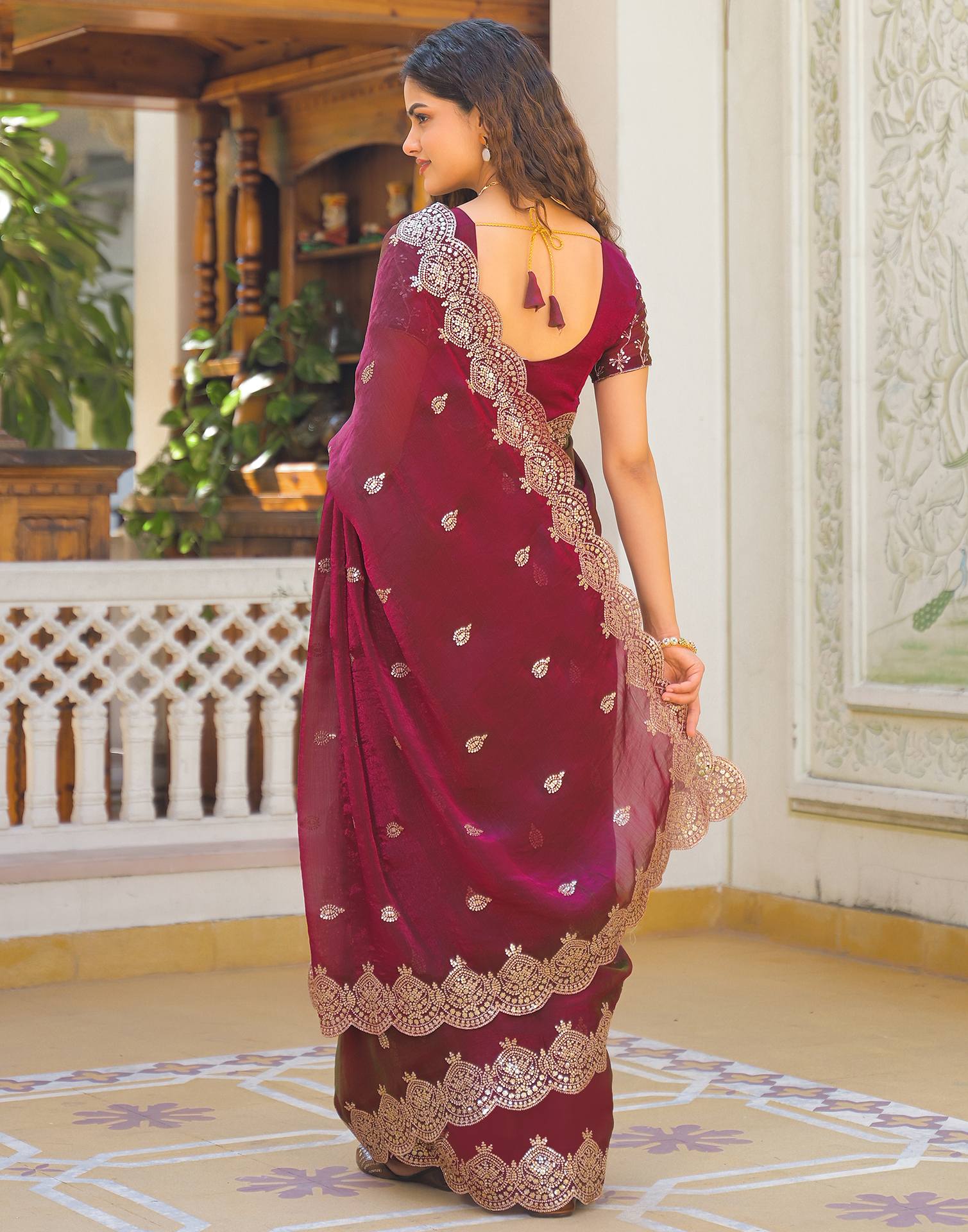 Wine Shimmer Chiffon Sequence Embroidery saree