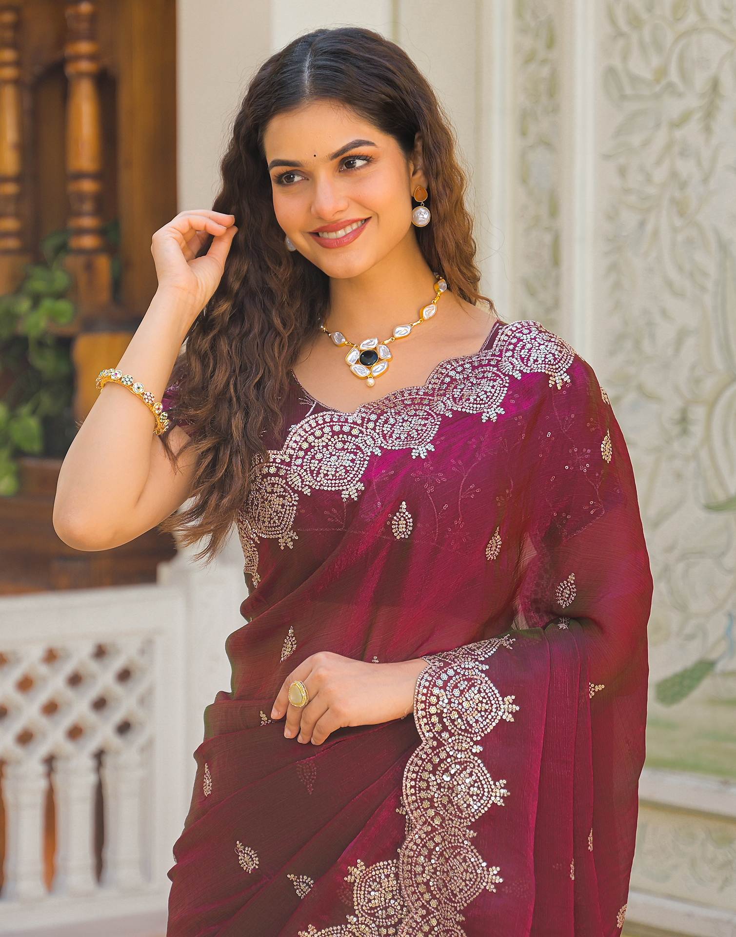 Wine Shimmer Chiffon Sequence Embroidery saree