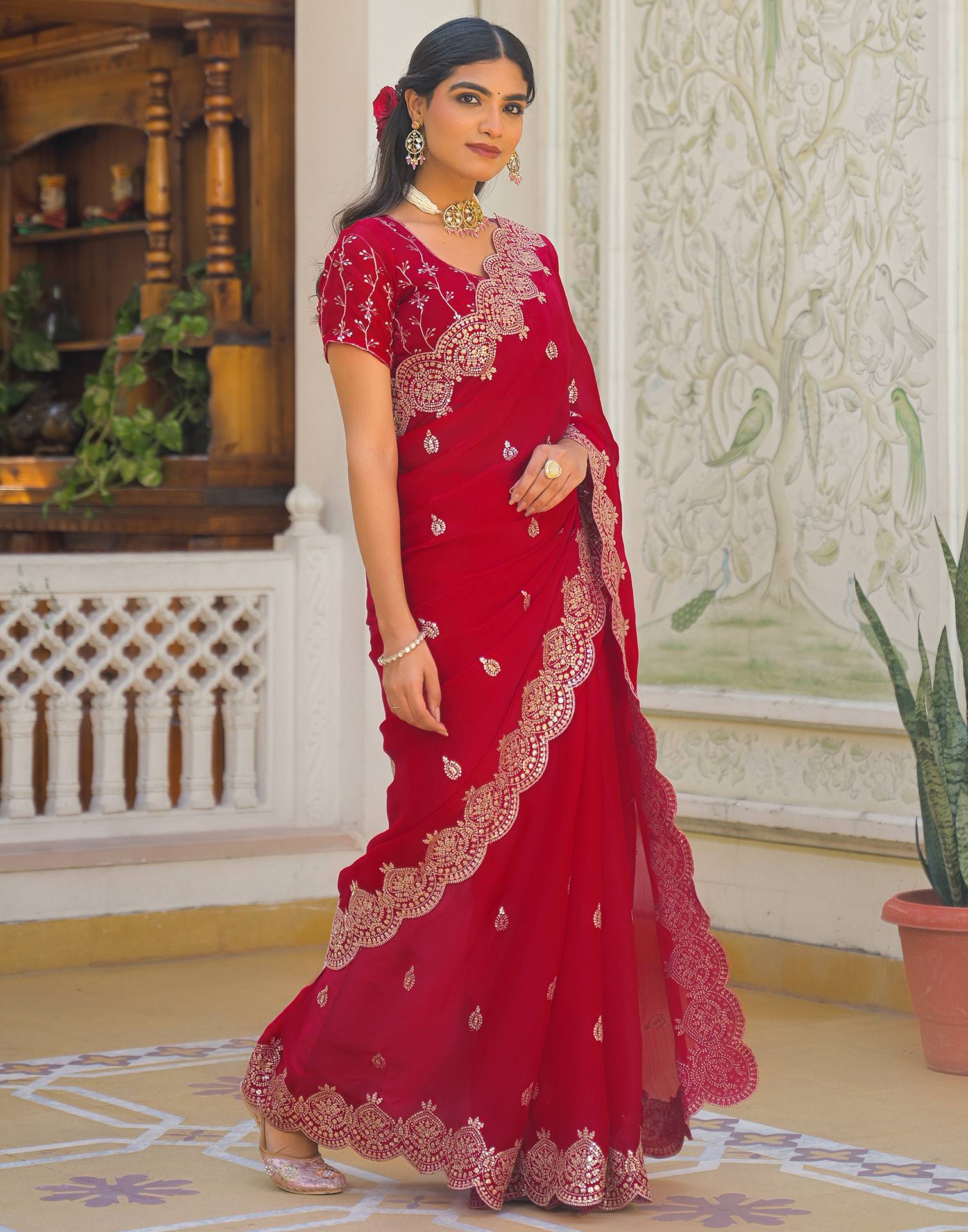 Red Shimmer Chiffon Sequence Embroidery saree