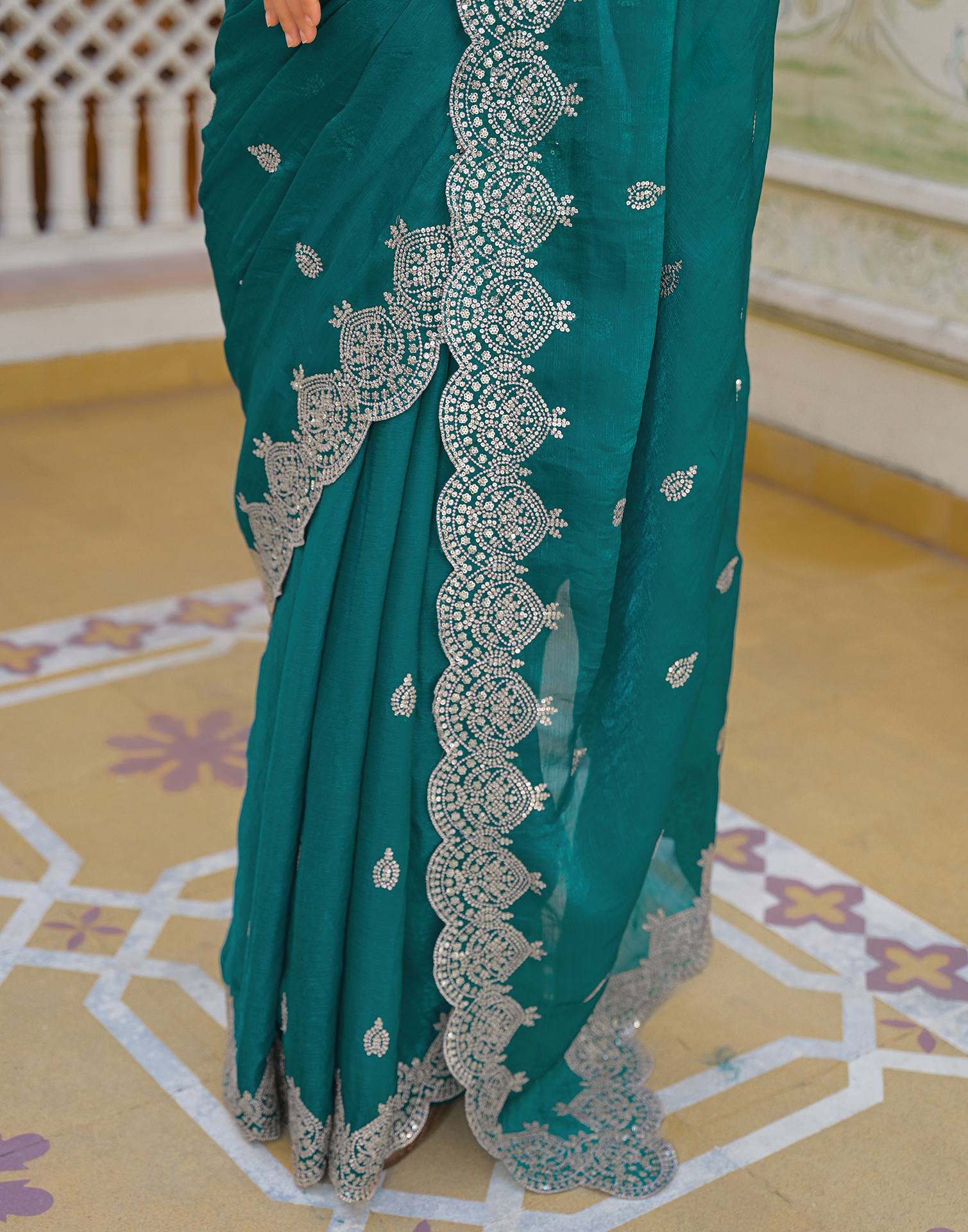 Teal Green Shimmer Chiffon Sequence Embroidery saree