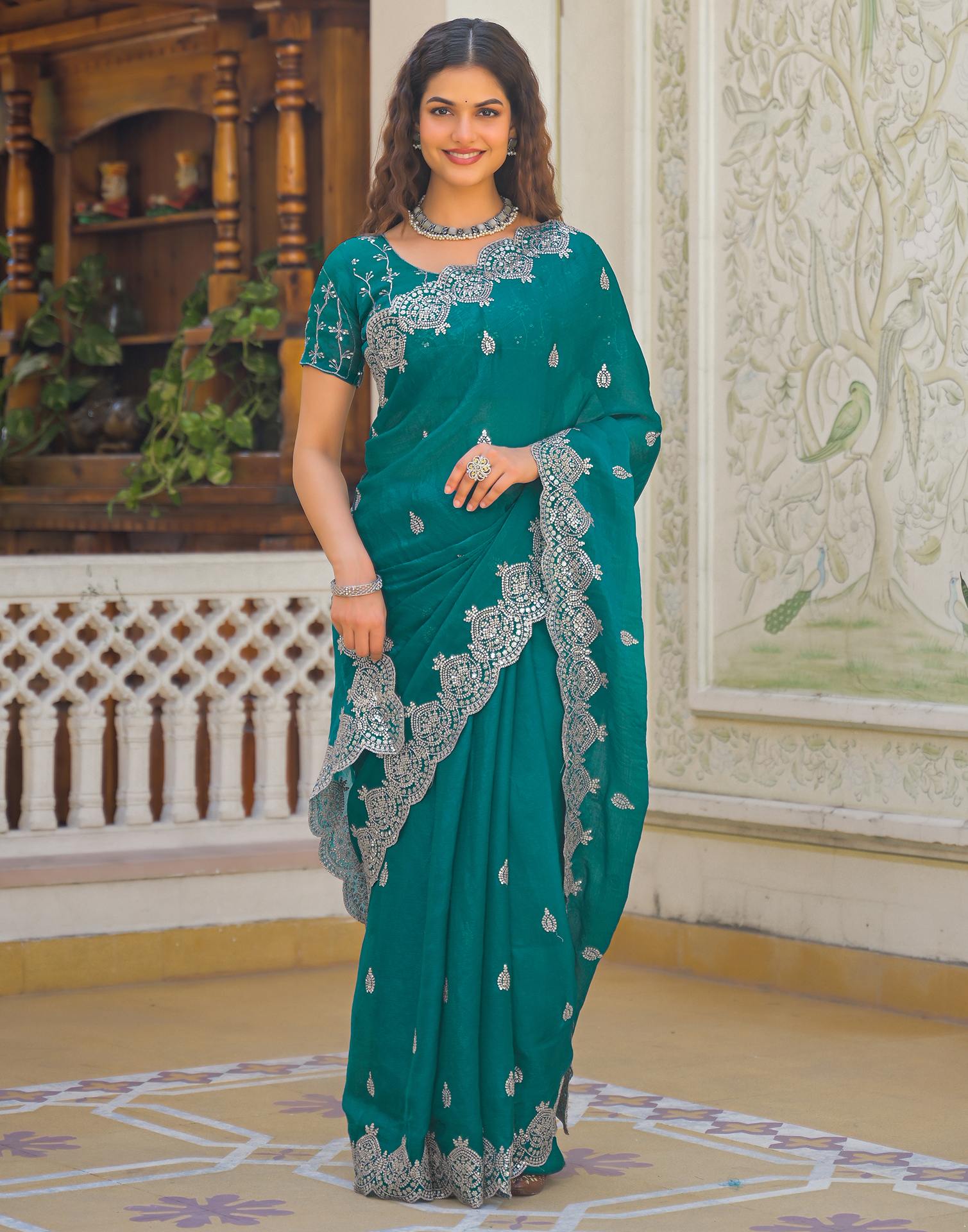 Teal Green Shimmer Chiffon Sequence Embroidery saree