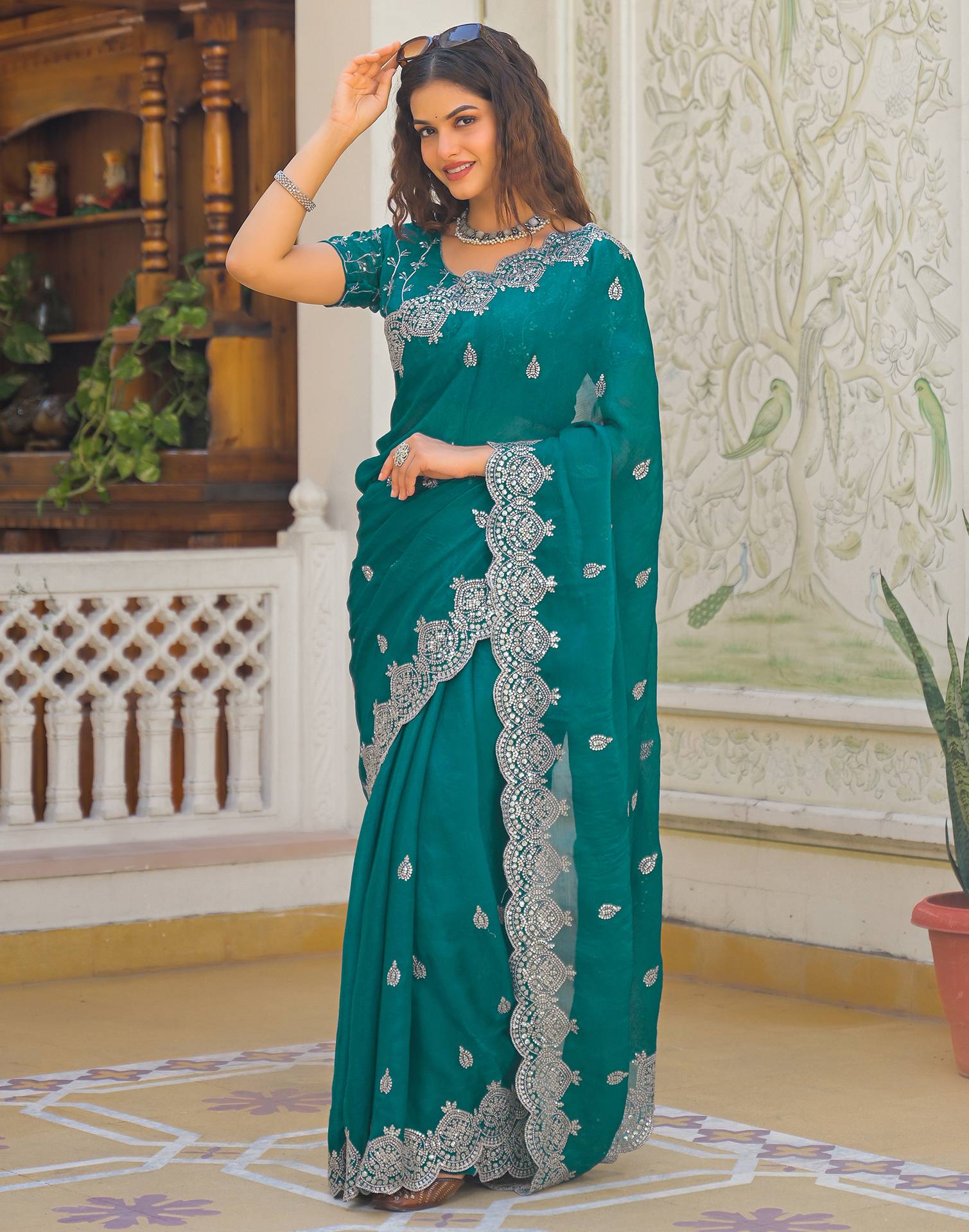 Teal Green Shimmer Chiffon Sequence Embroidery saree