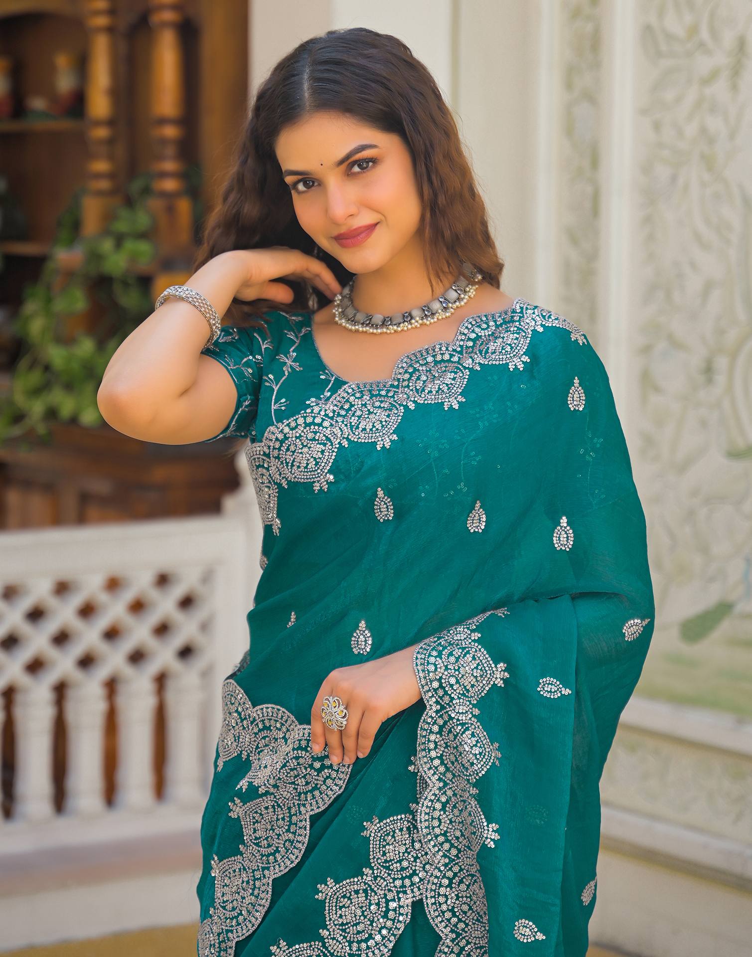 Teal Green Shimmer Chiffon Sequence Embroidery saree