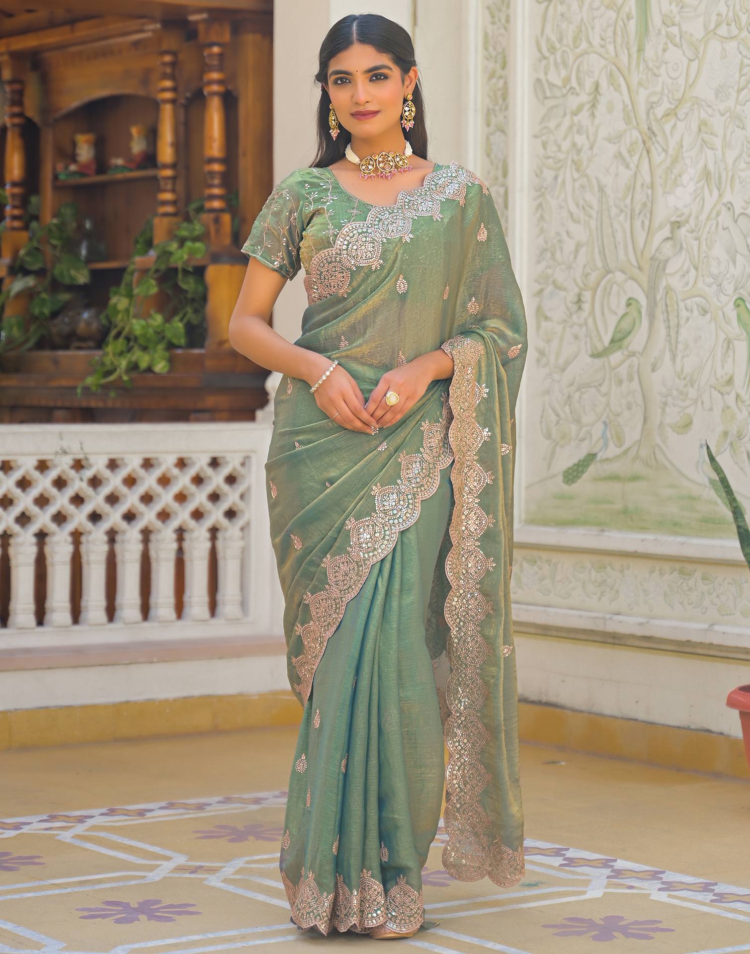 Mint Green Shimmer Chiffon Sequence Embroidery saree