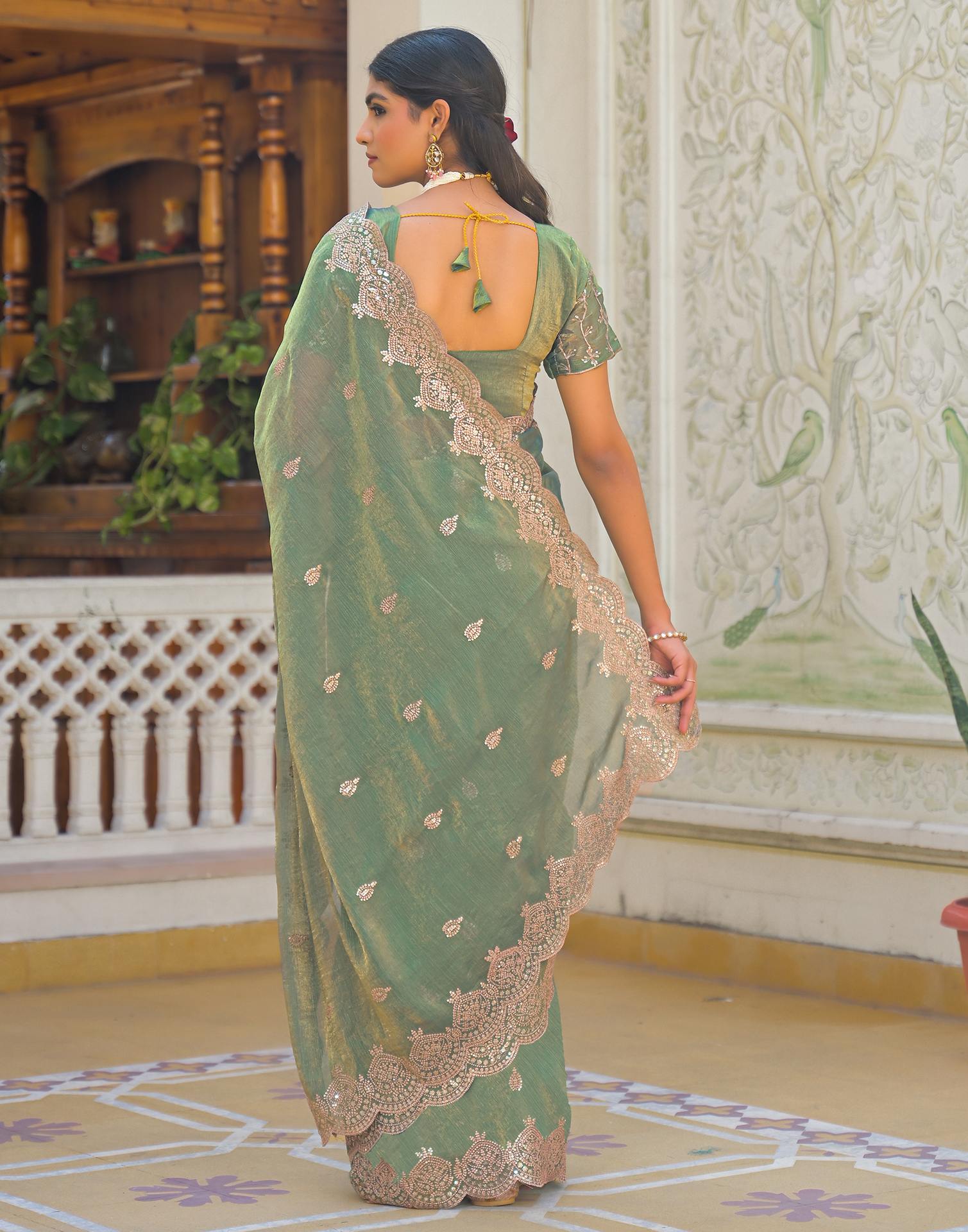 Mint Green Shimmer Chiffon Sequence Embroidery saree