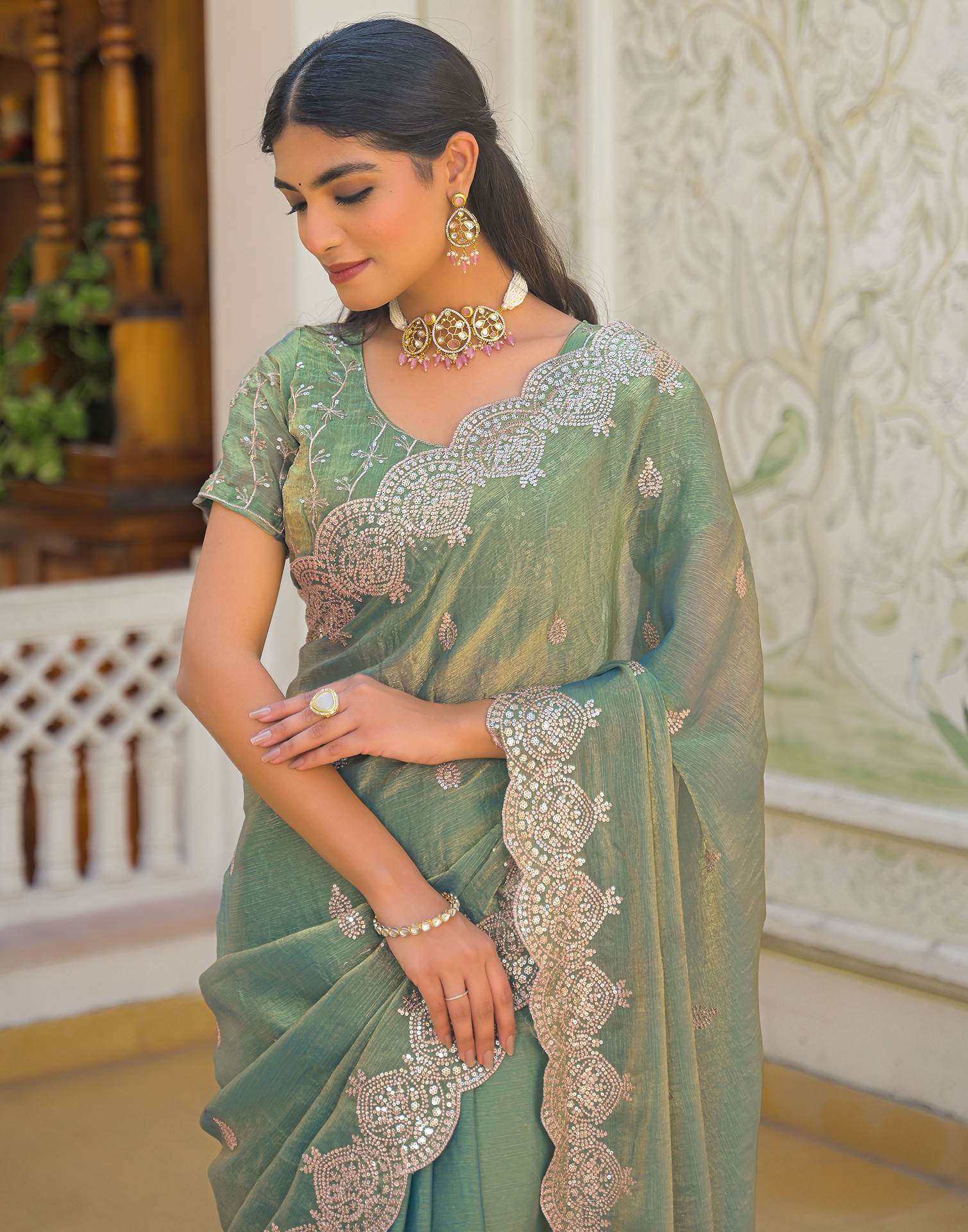 Mint Green Shimmer Chiffon Sequence Embroidery saree