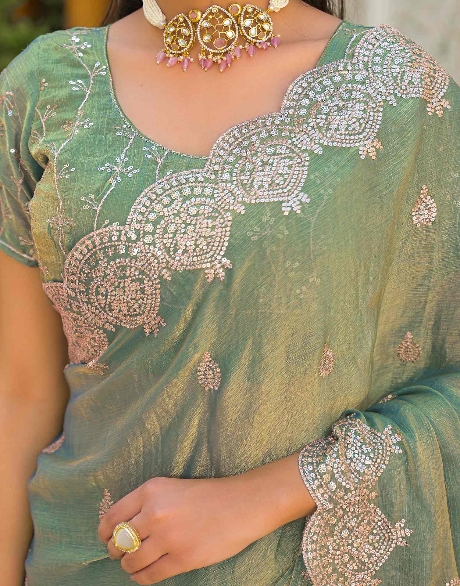 Mint Green Shimmer Chiffon Sequence Embroidery saree