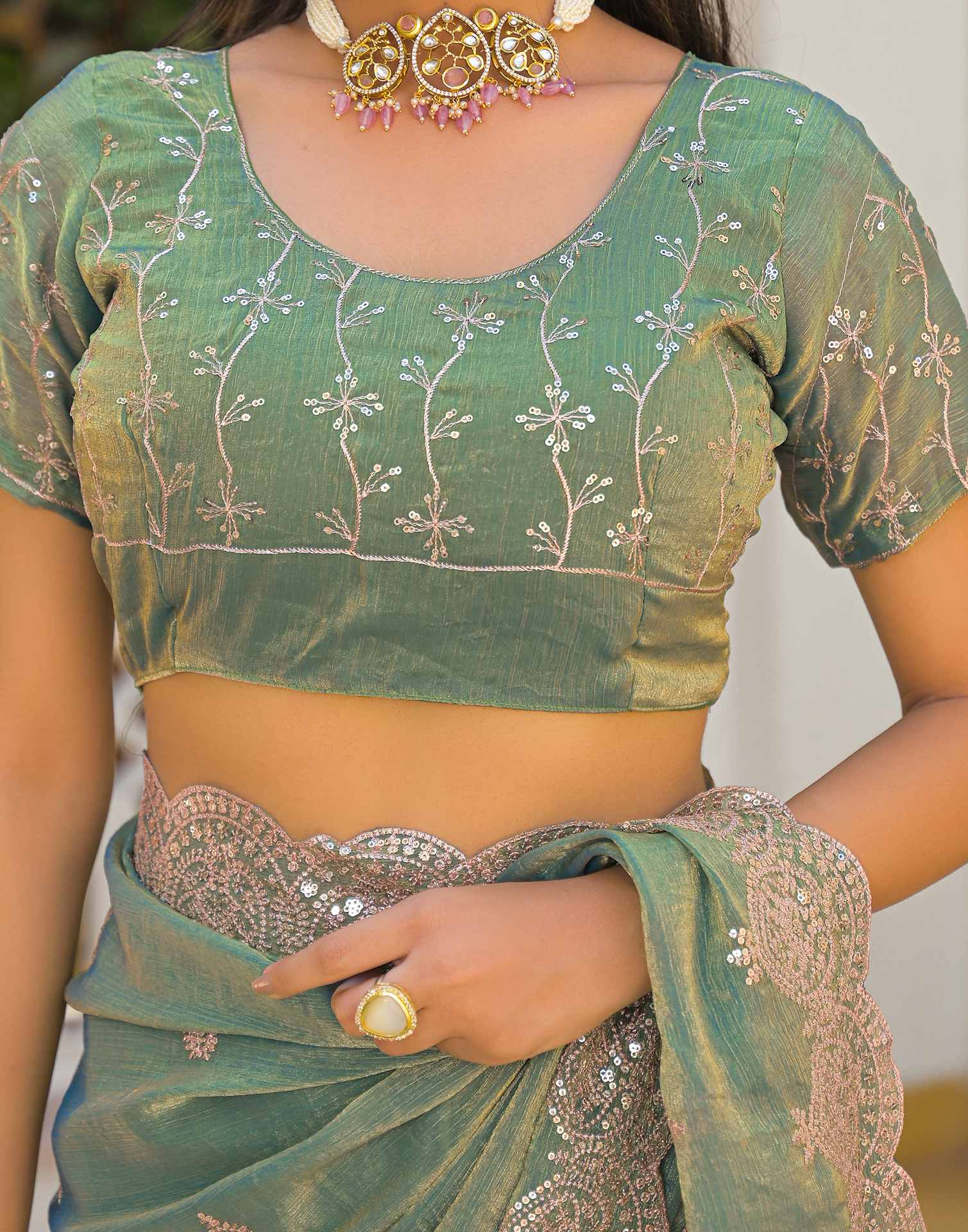 Mint Green Shimmer Chiffon Sequence Embroidery saree