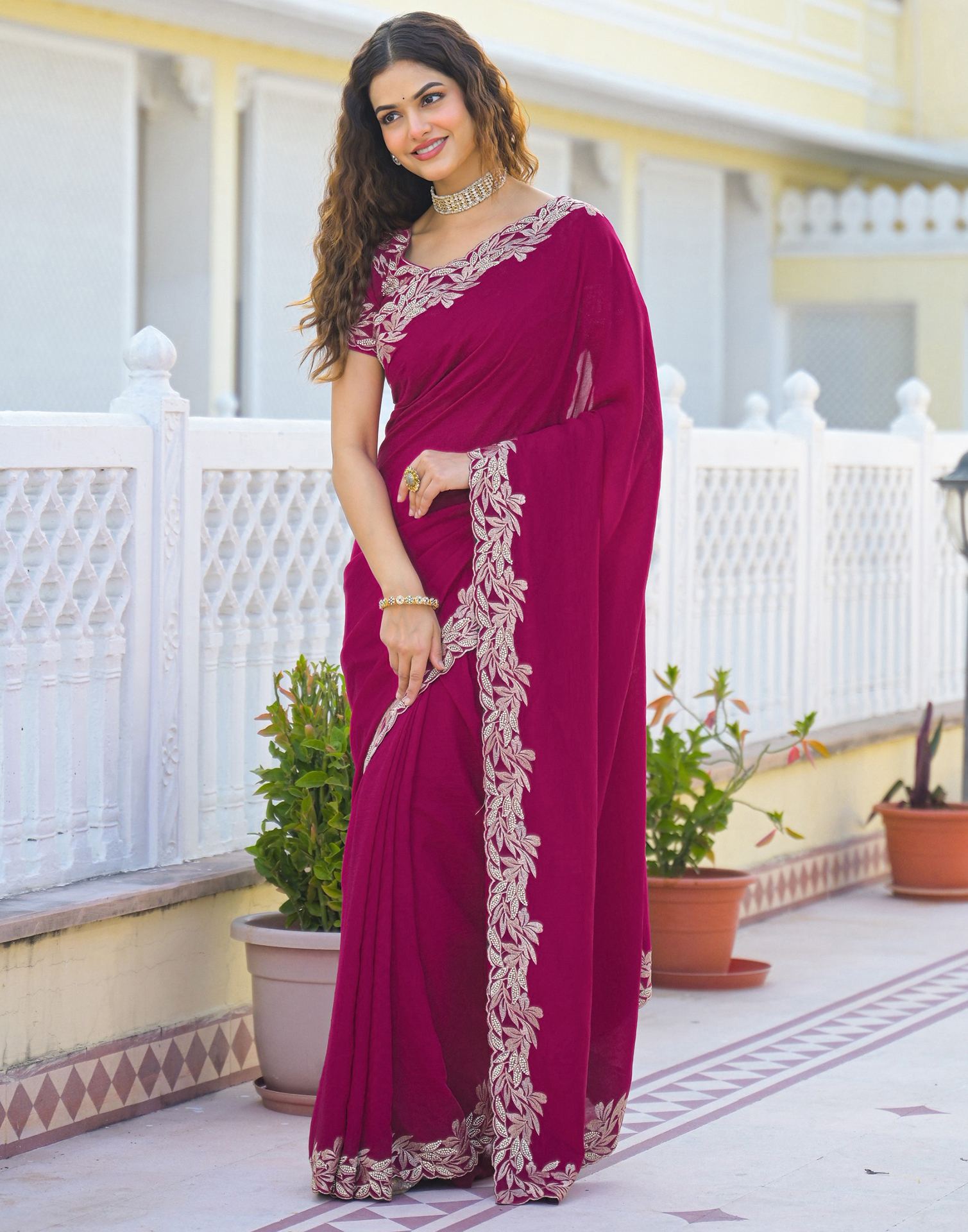 Pink Vichitra Silk Embroidery Saree