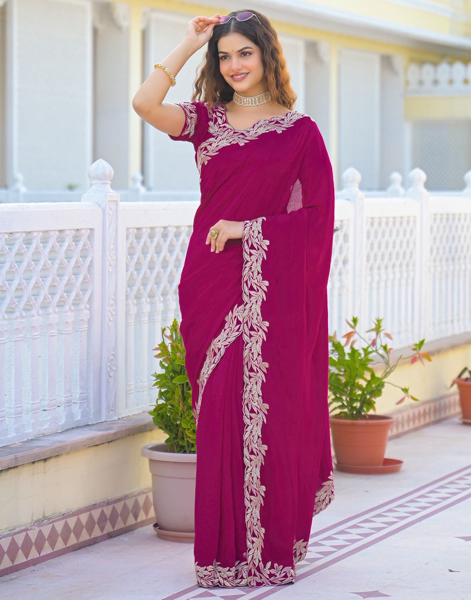 Pink Vichitra Silk Embroidery Saree