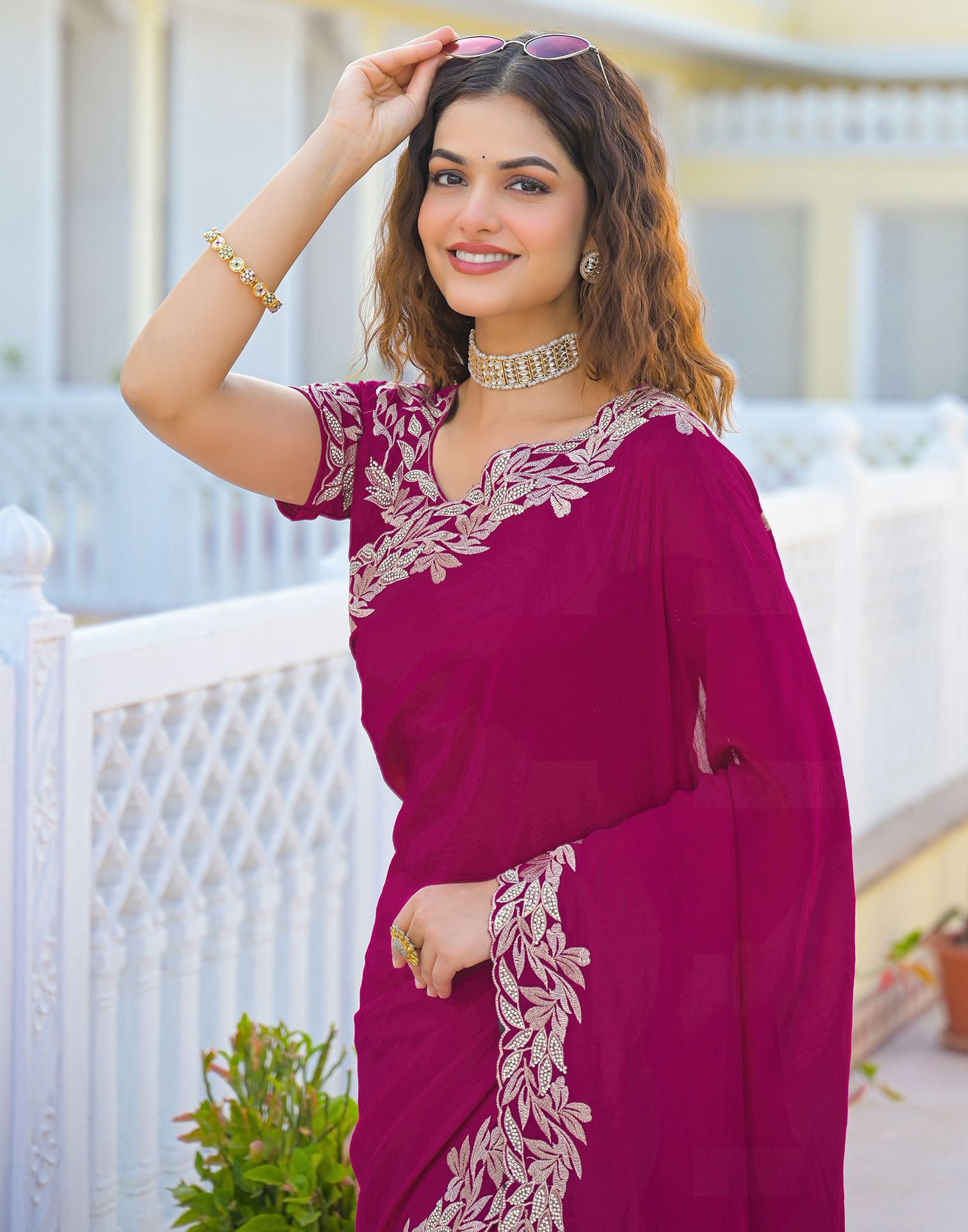 Pink Vichitra Silk Embroidery Saree