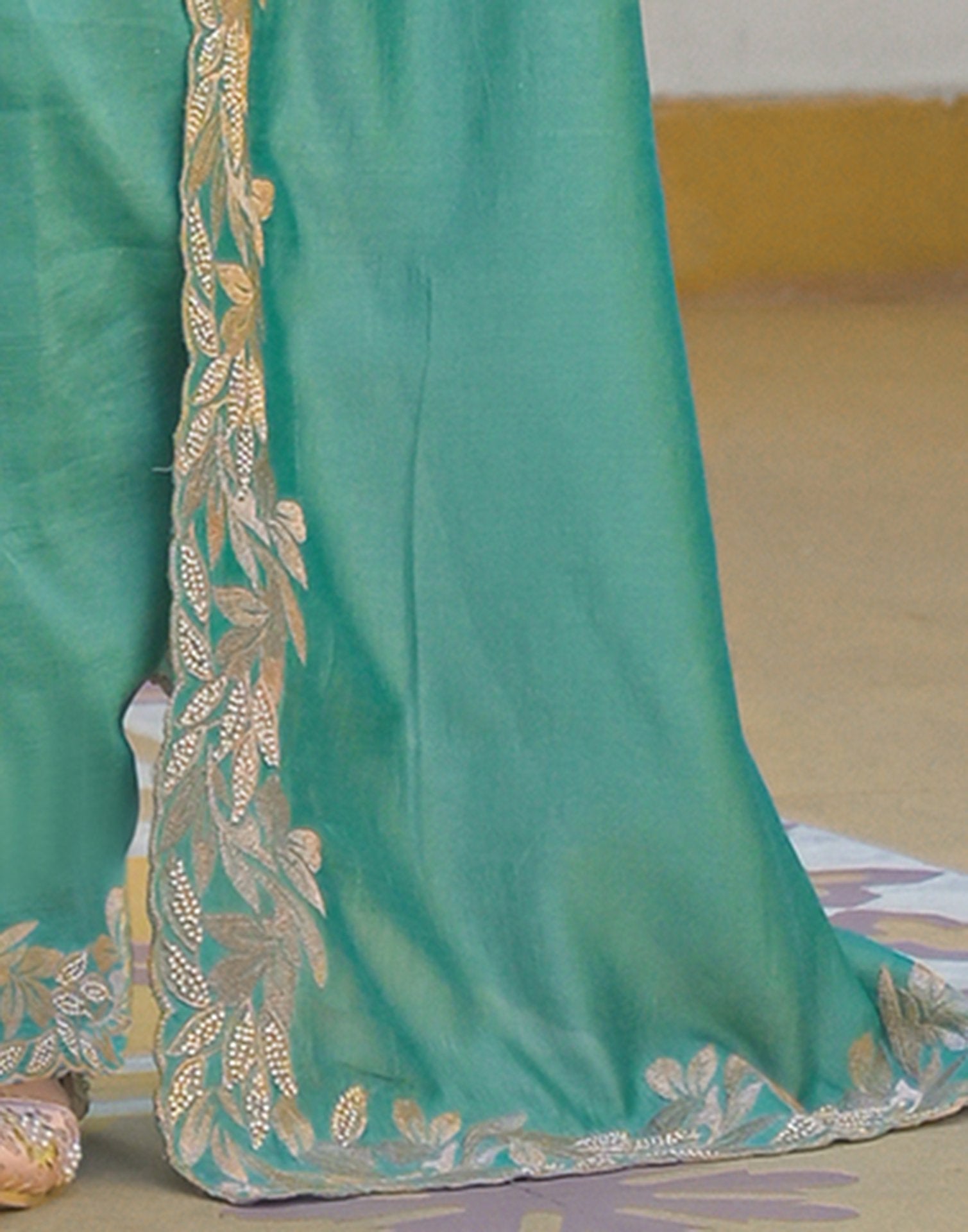Turquoise Vichitra Silk Embroidery Saree