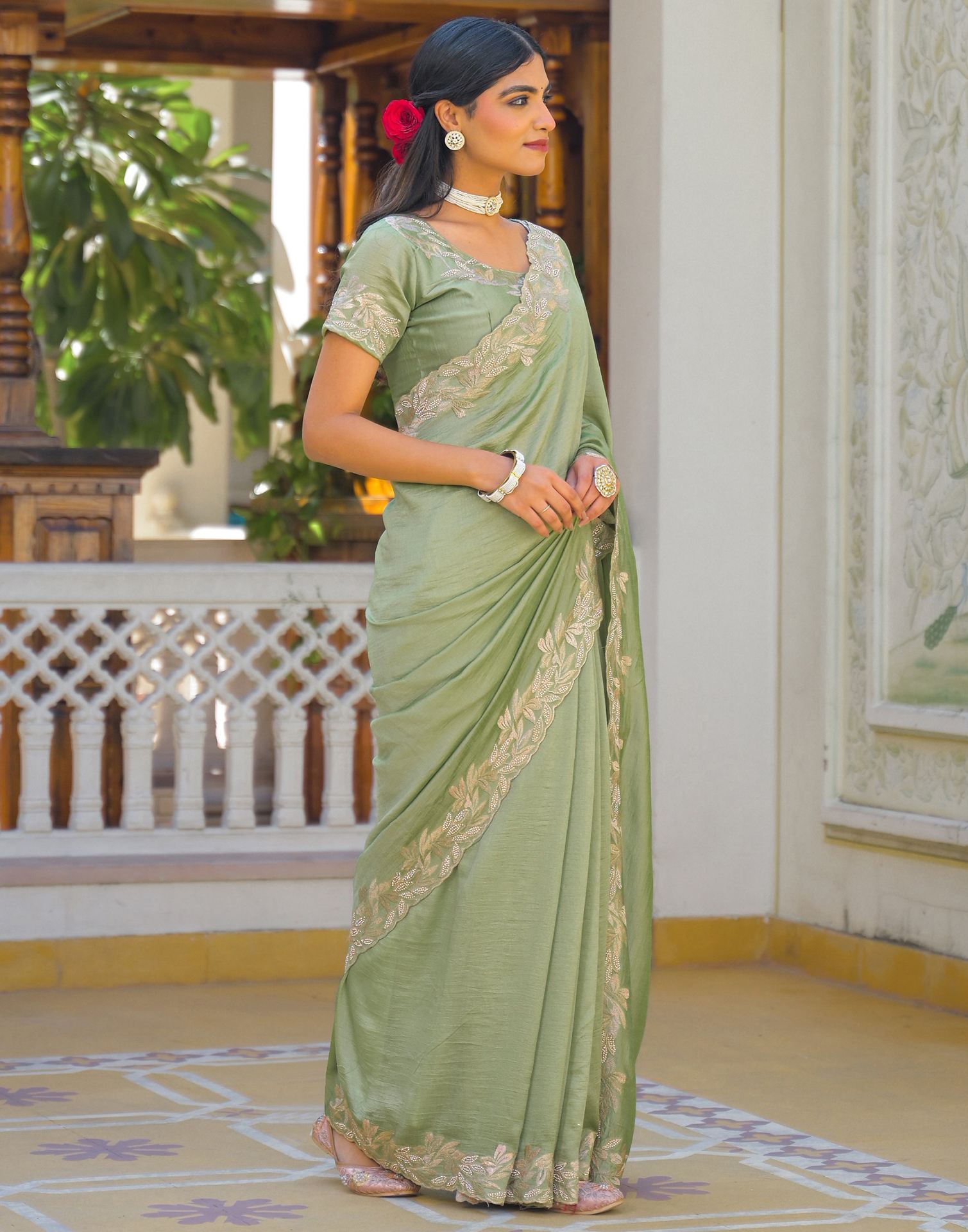 Mint Green Vichitra Silk Embroidery Saree