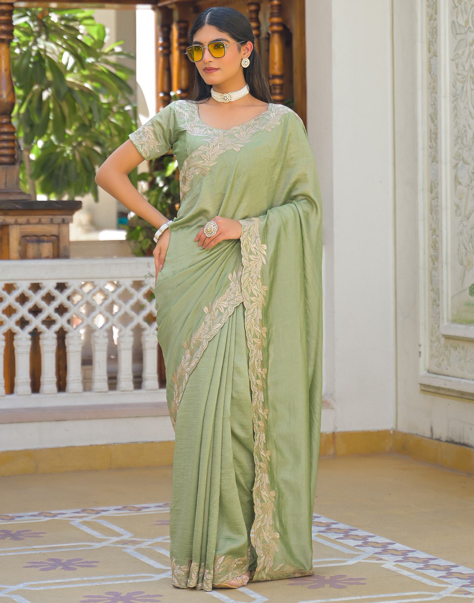 Mint Green Vichitra Silk Embroidery Saree
