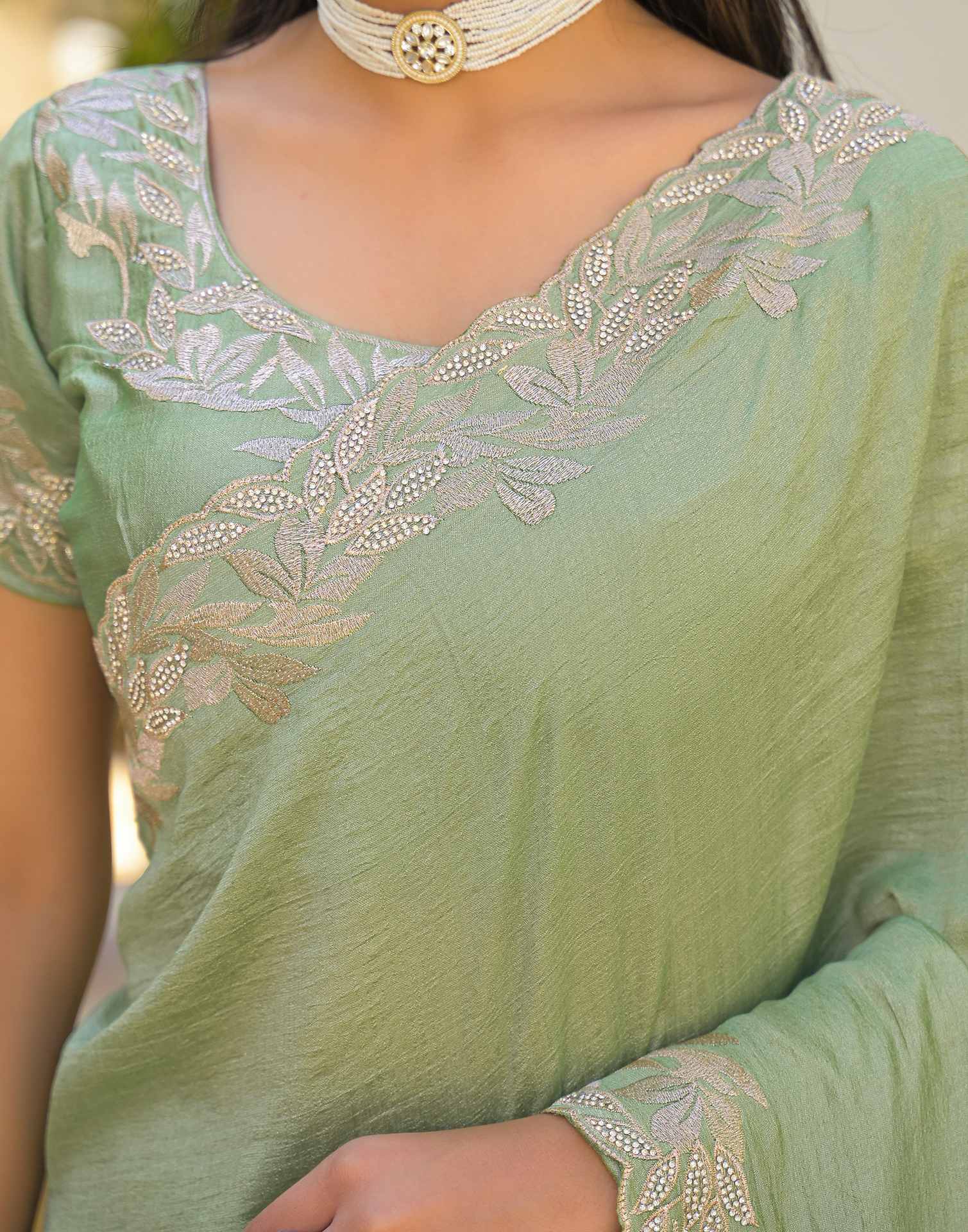 Mint Green Vichitra Silk Embroidery Saree