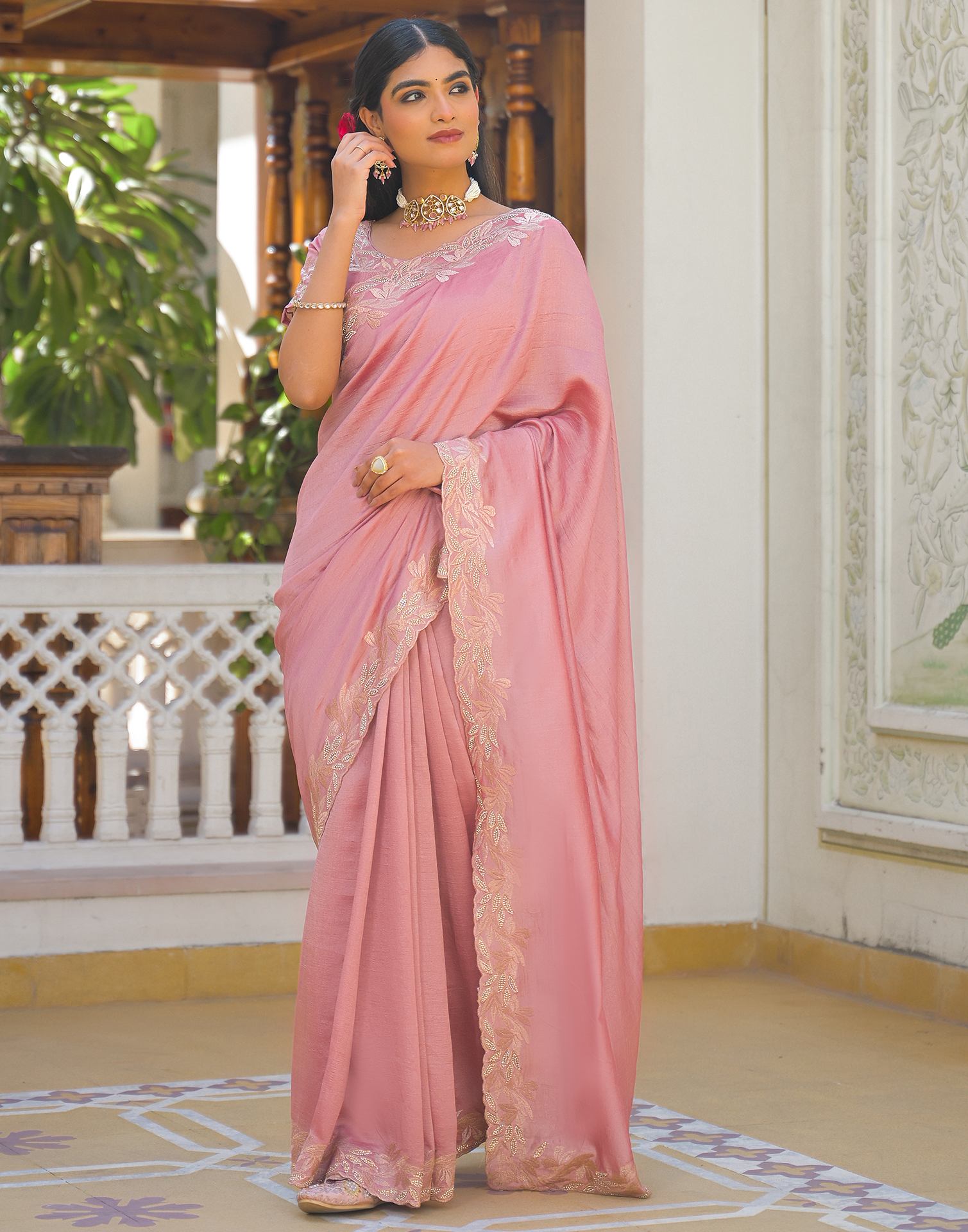 Light Pink Vichitra Silk Embroidery Saree