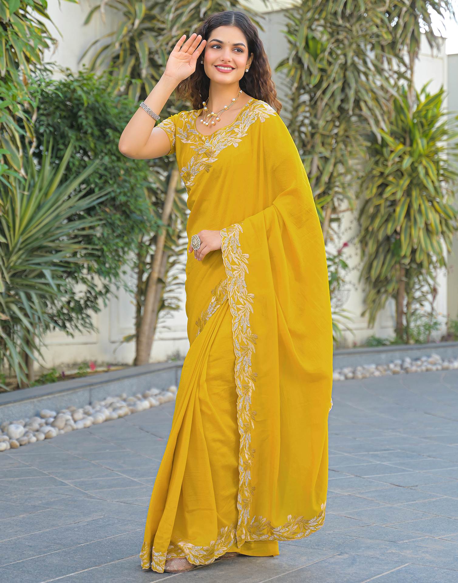 Yellow Vichitra Silk Embroidery Saree