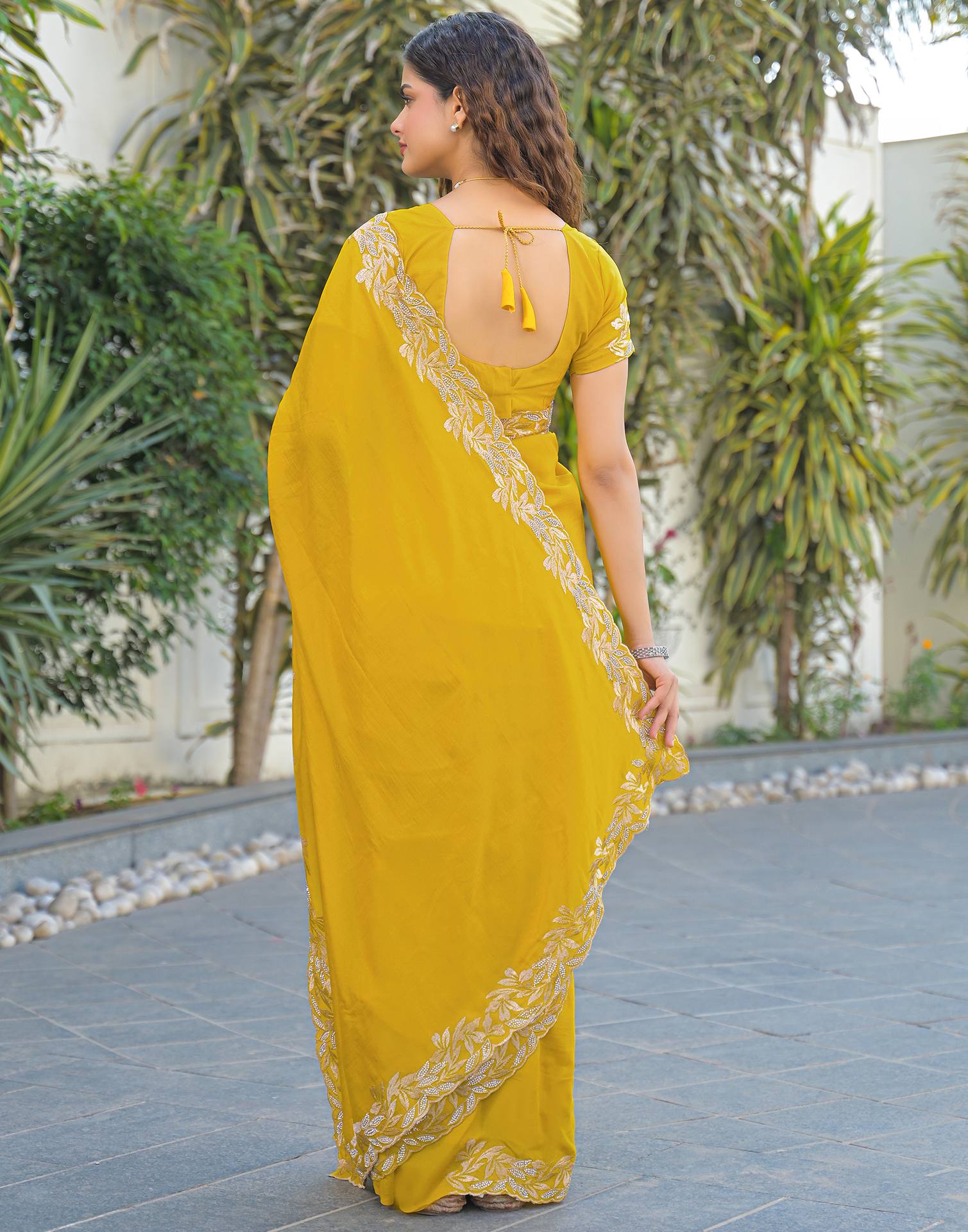 Yellow Vichitra Silk Embroidery Saree