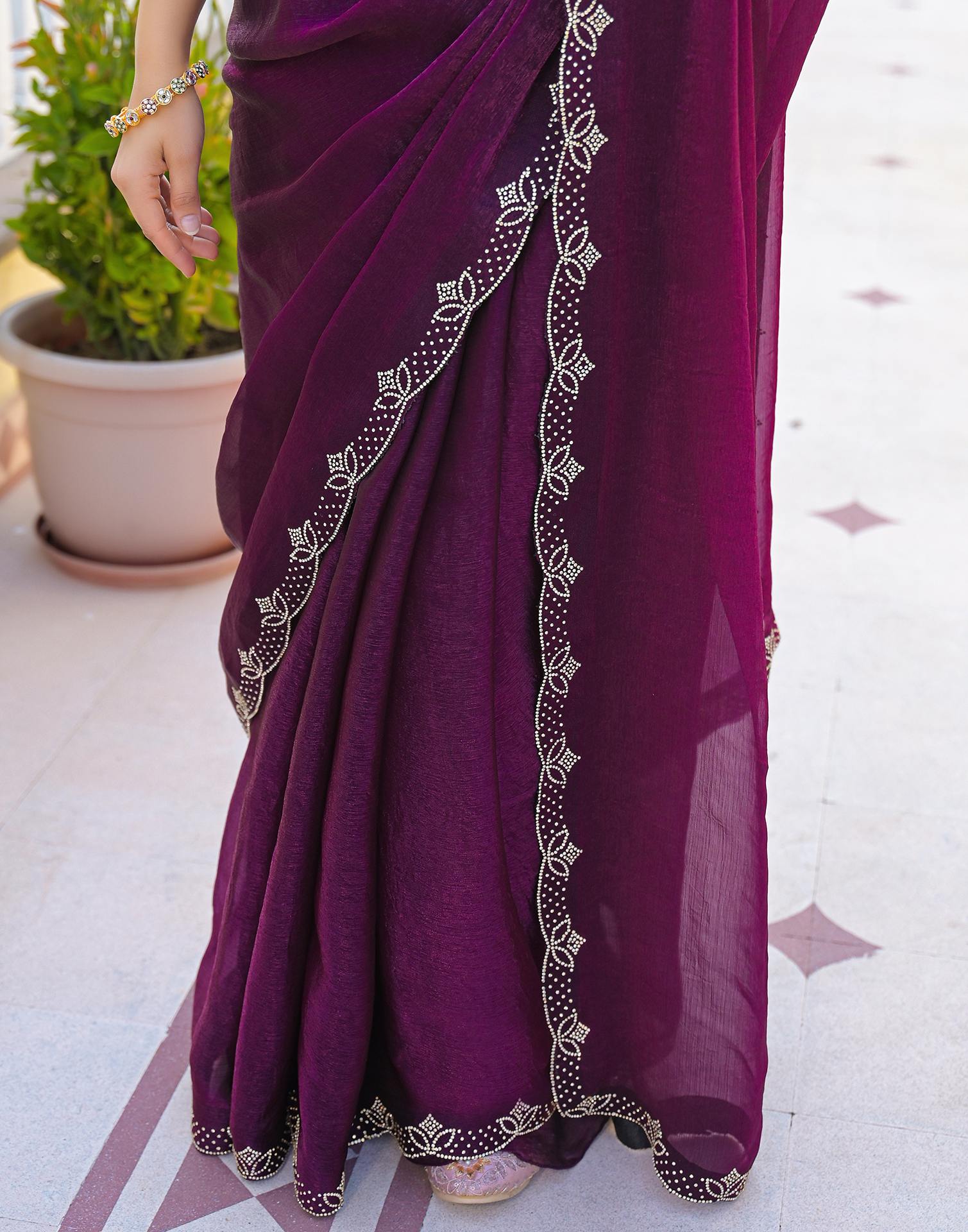 Dark Purple Satin Stone Work Embellished Saree