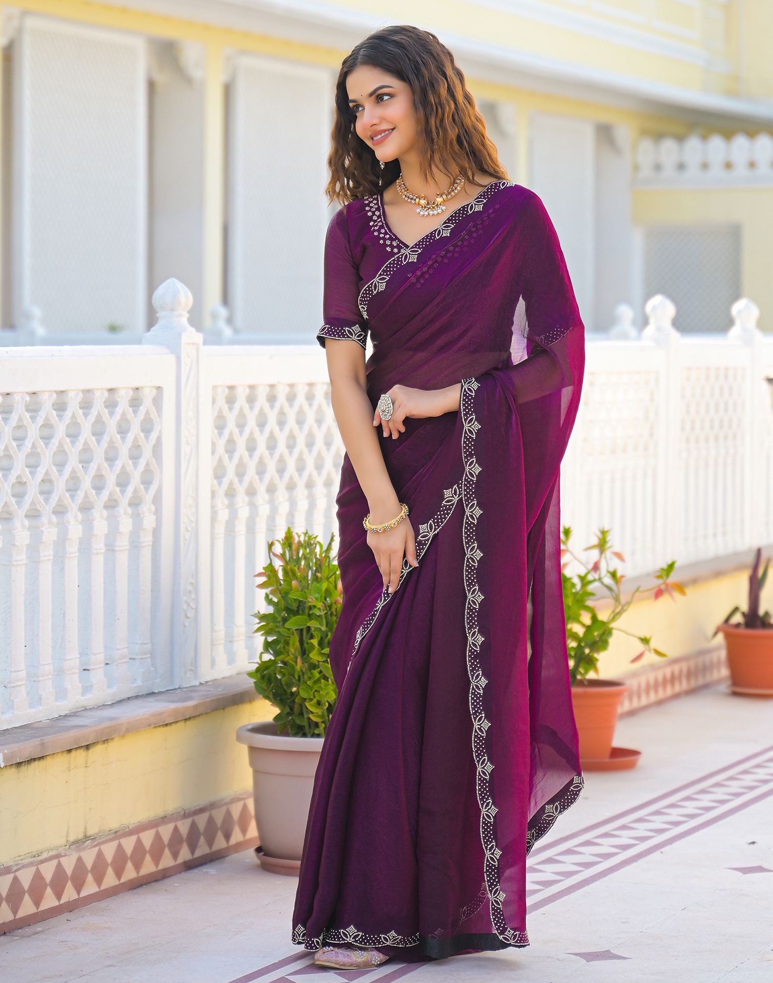 Dark Purple Satin Stone Work Embellished Saree