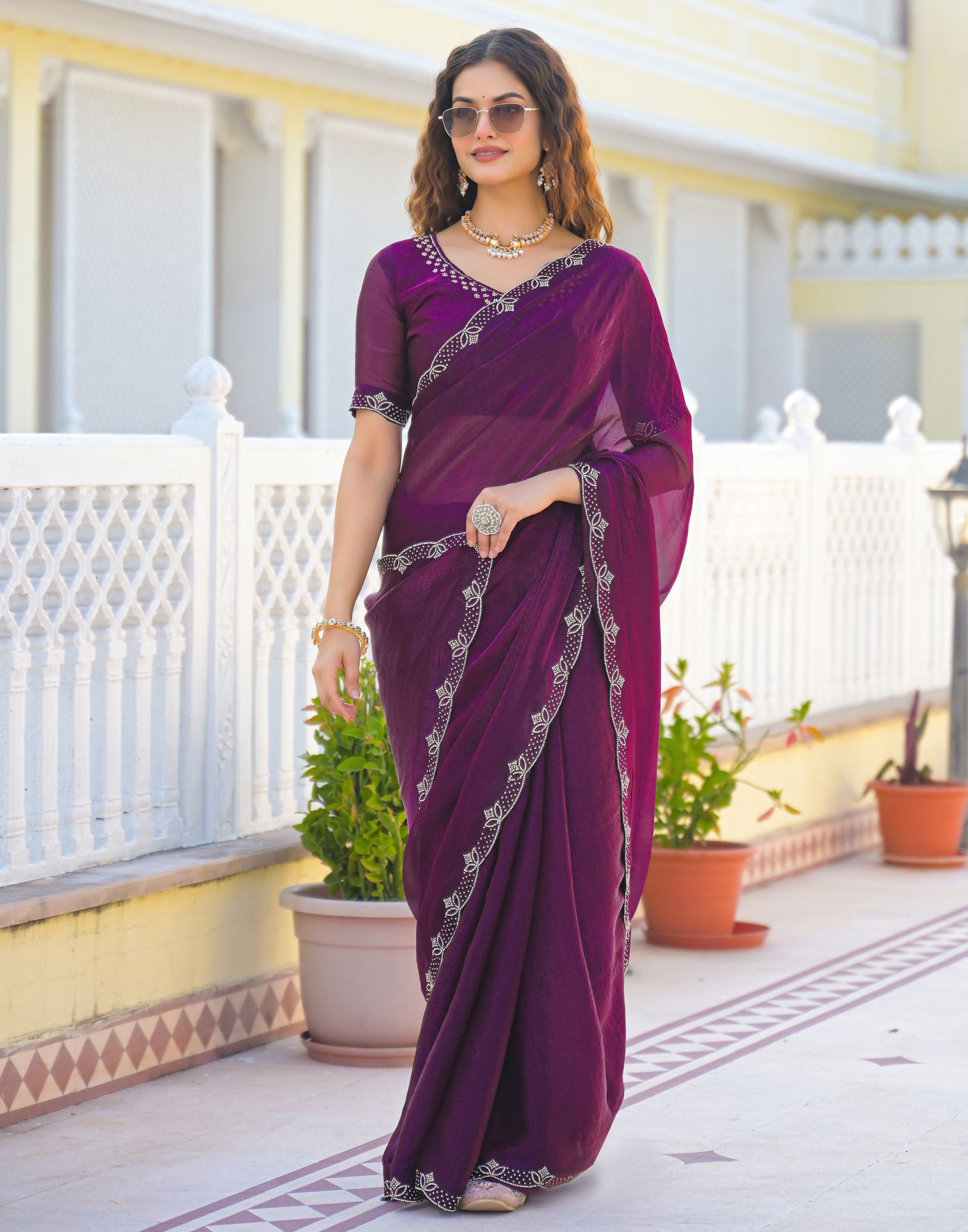Dark Purple Satin Stone Work Embellished Saree
