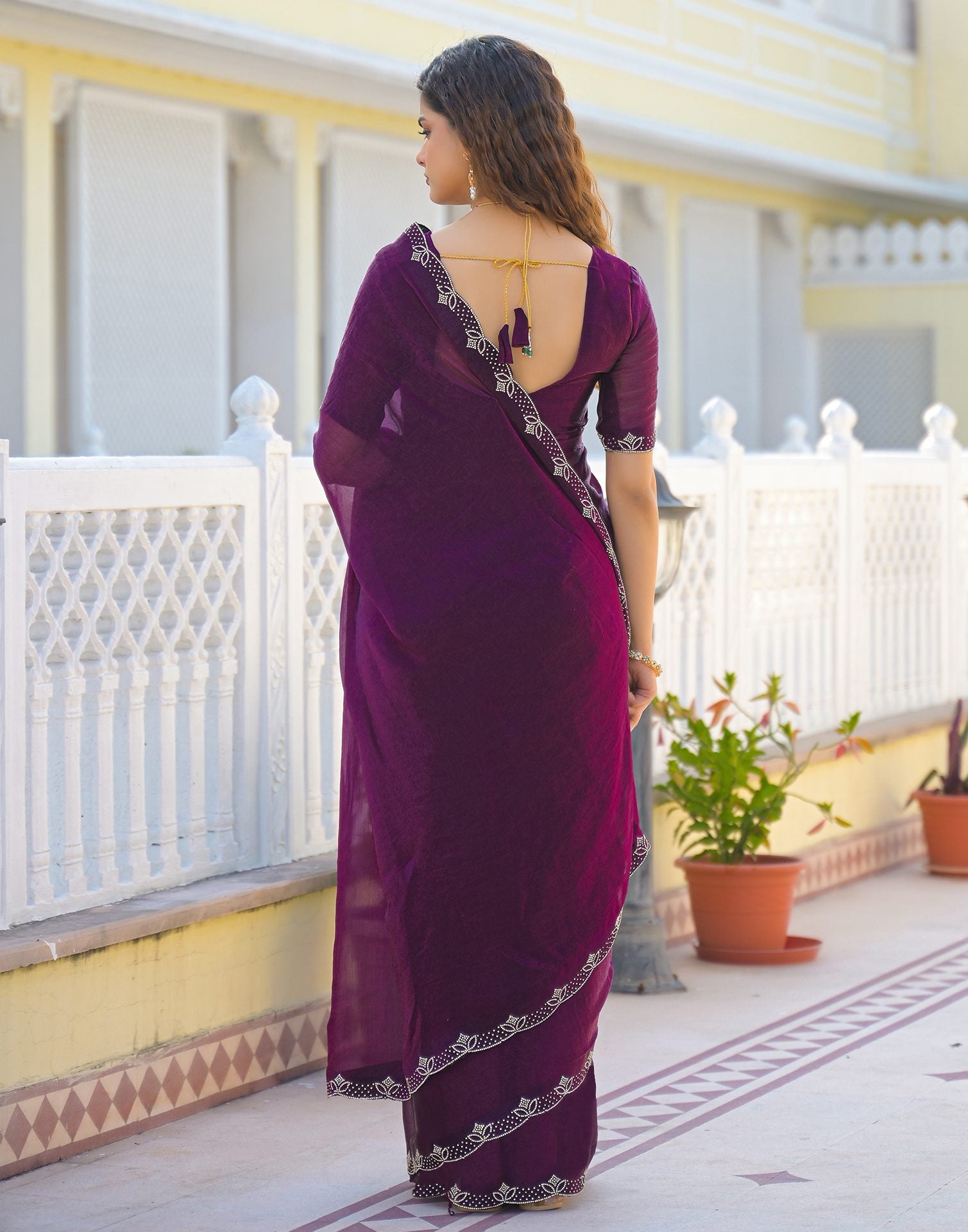 Dark Purple Satin Stone Work Embellished Saree