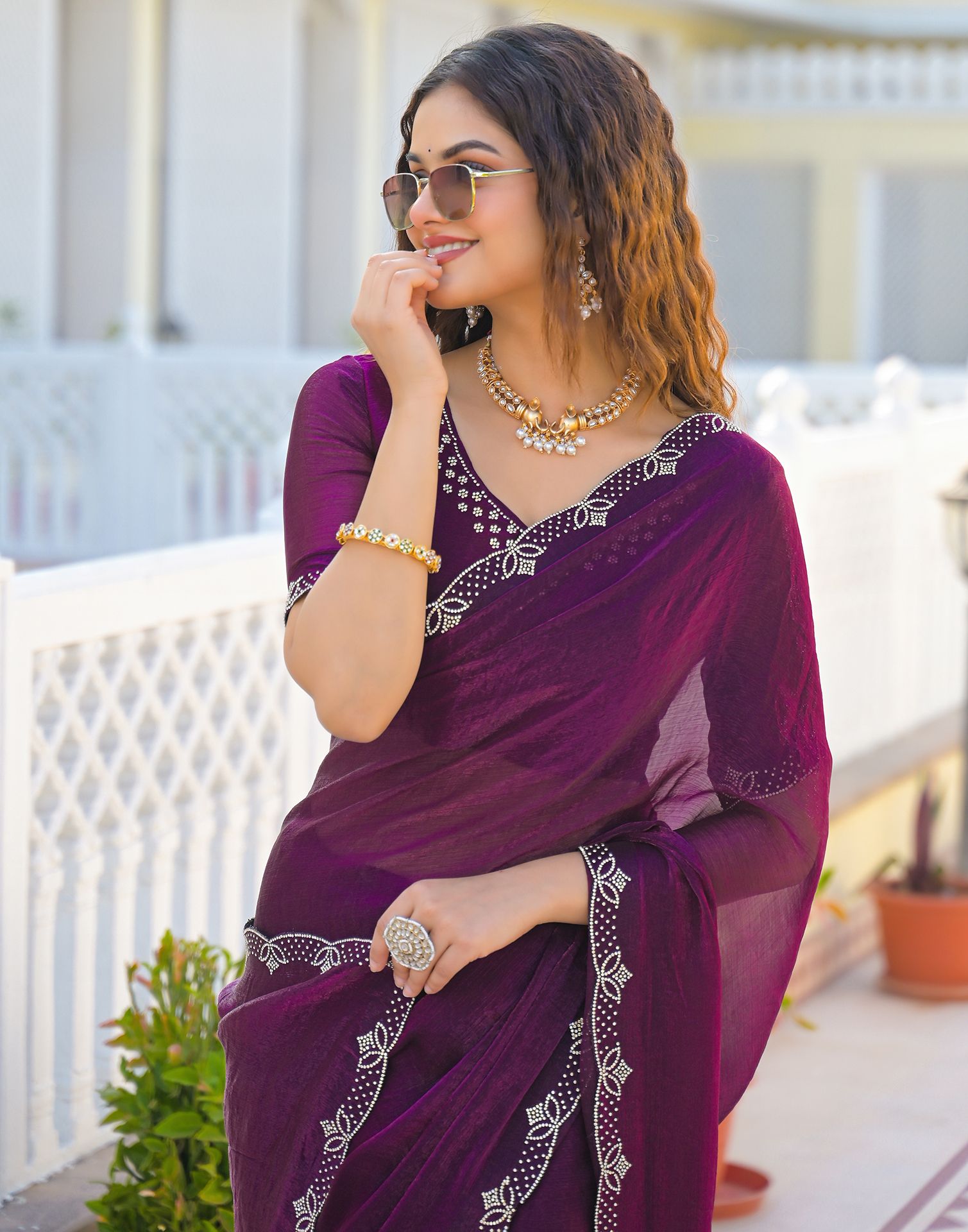 Dark Purple Satin Stone Work Embellished Saree
