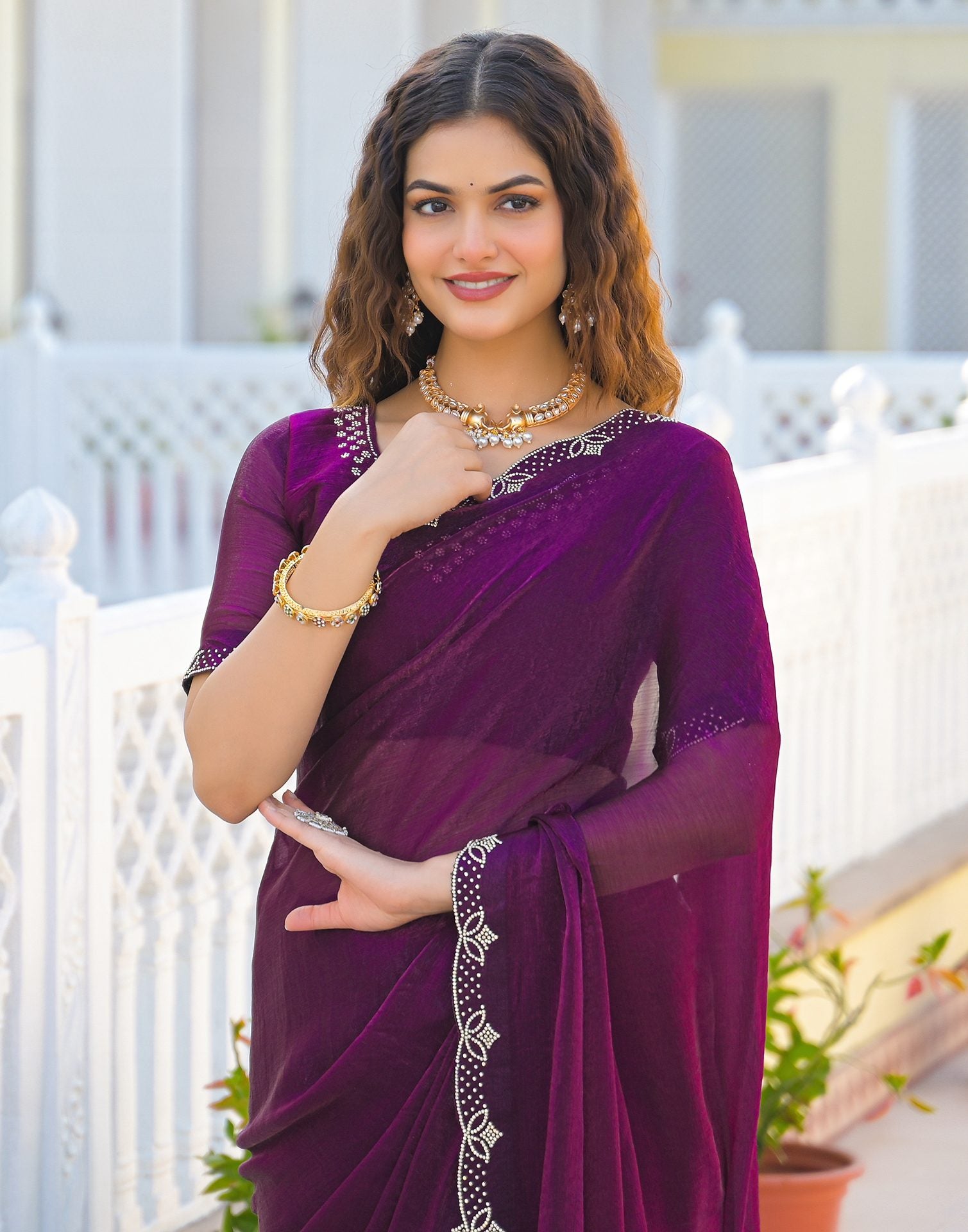 Dark Purple Satin Stone Work Embellished Saree